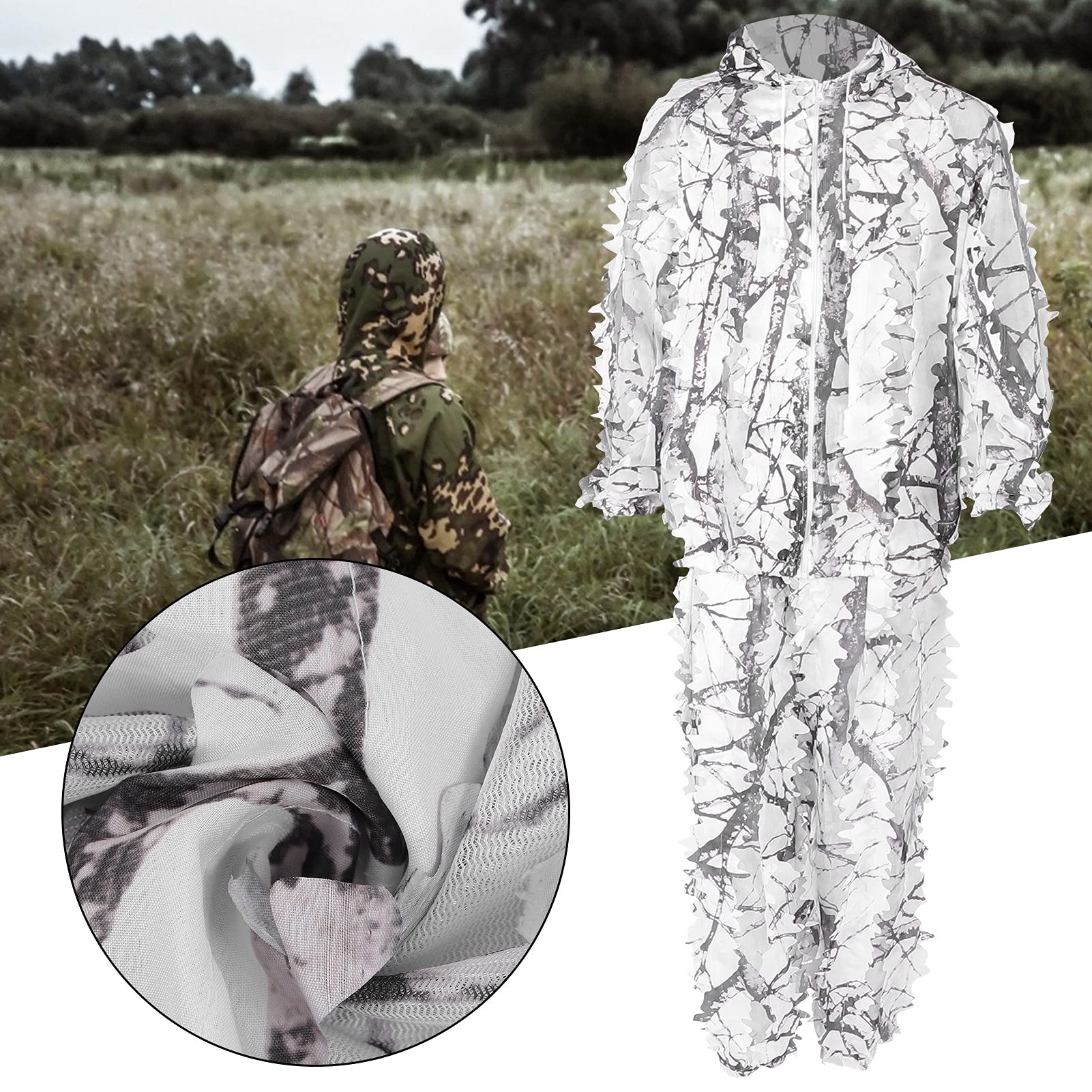 Teror 3D Leaf Suit, Snow Wild Camouflage Ghillie Suit 3D Leaf Kurtka i spodnie Set Ubrania do polowania