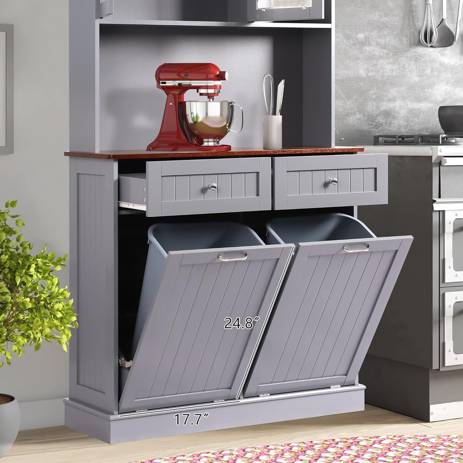 68.4" Kitchen Pantry Storage Cabinet, Freestanding Cupboard with Shelf, 2 Drawers and 1 Tilt Out Trash Cabinet, Tall Cabinets for Kitchen, Dinning Room, Living Room (Double-Tilt Out, Cream Grey)