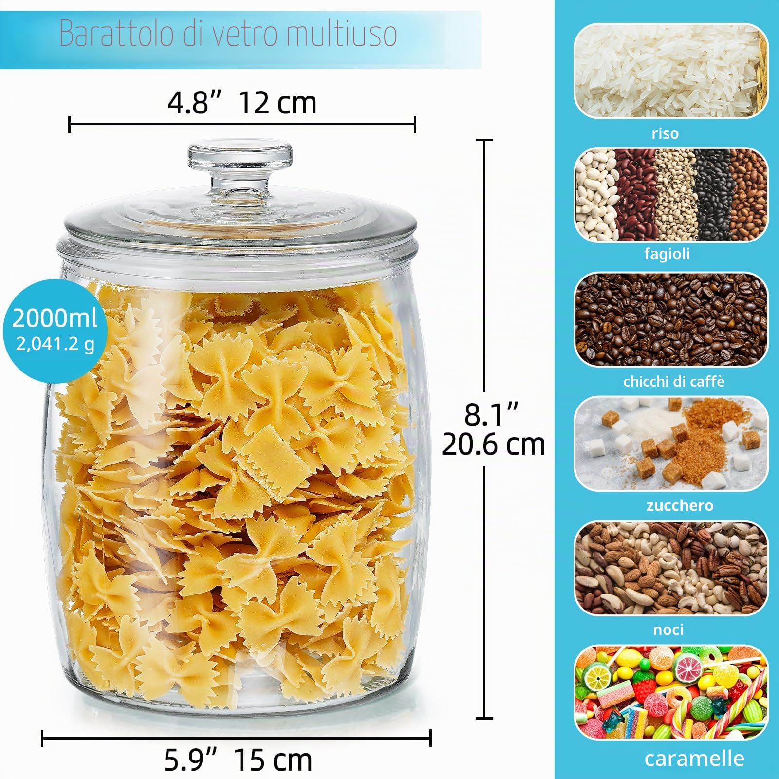 Absovetu Barattolo grande in vetro con coperchio, 2 litri, per biscotti, pasta, cereali, lavanderia, dolcetti per cani