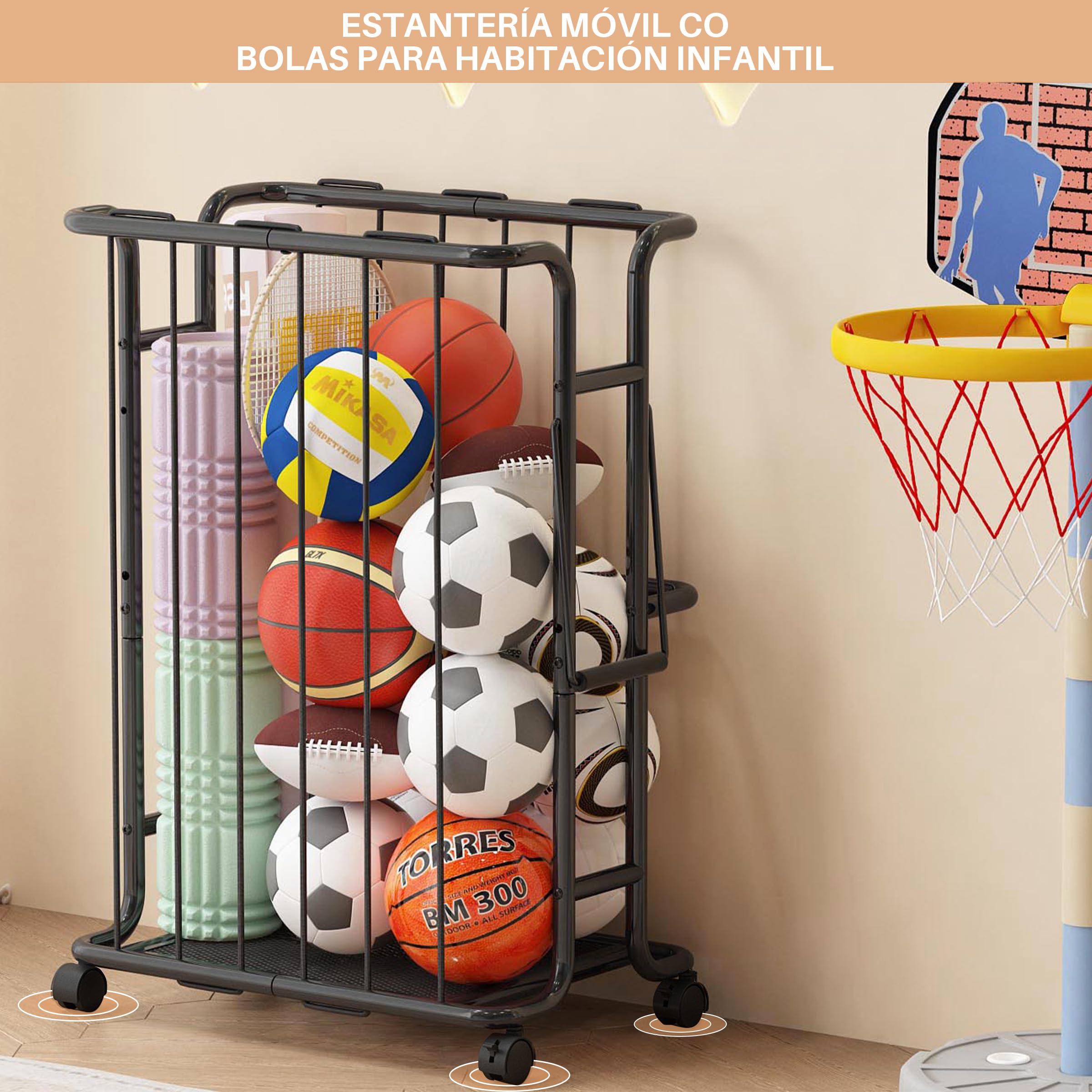 Gran capacidad de 139 litros de capacidad, con ruedas deslizantes, adecuado para baloncesto, balones de fútbol, rugby y otros balones deportivos. Apto para uso en interiores y exteriores.