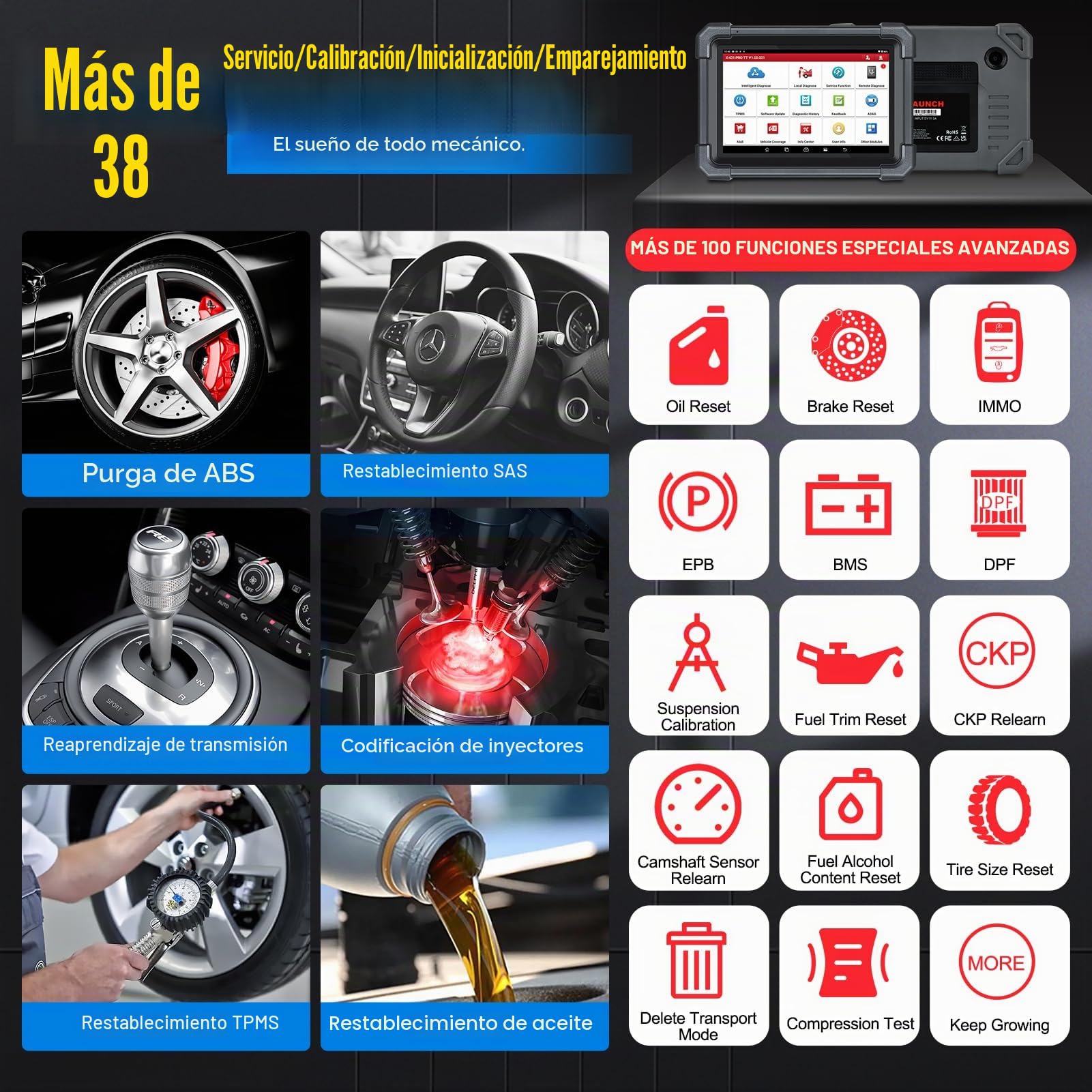 LAUNCH X431 Pro TT OBD2 Diagnosis Coche Multimarca Sistema Completo Bidireccional, ECU Codificación, ABS, Reinicio de Aceite, EPB, SAS, DPF, BMS, SRS, TPMS Escáner Diagnóstico