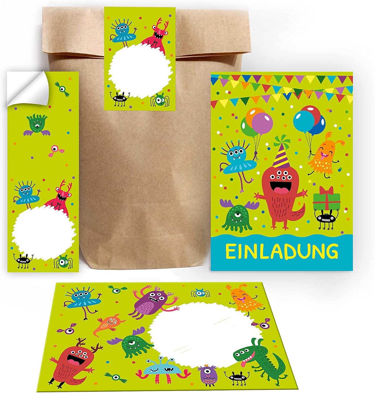 12 Invitation Cards for Children's Birthday Party Boys Girls Monster Including 12 Envelopes 12 Bags Natural 12 Stickers