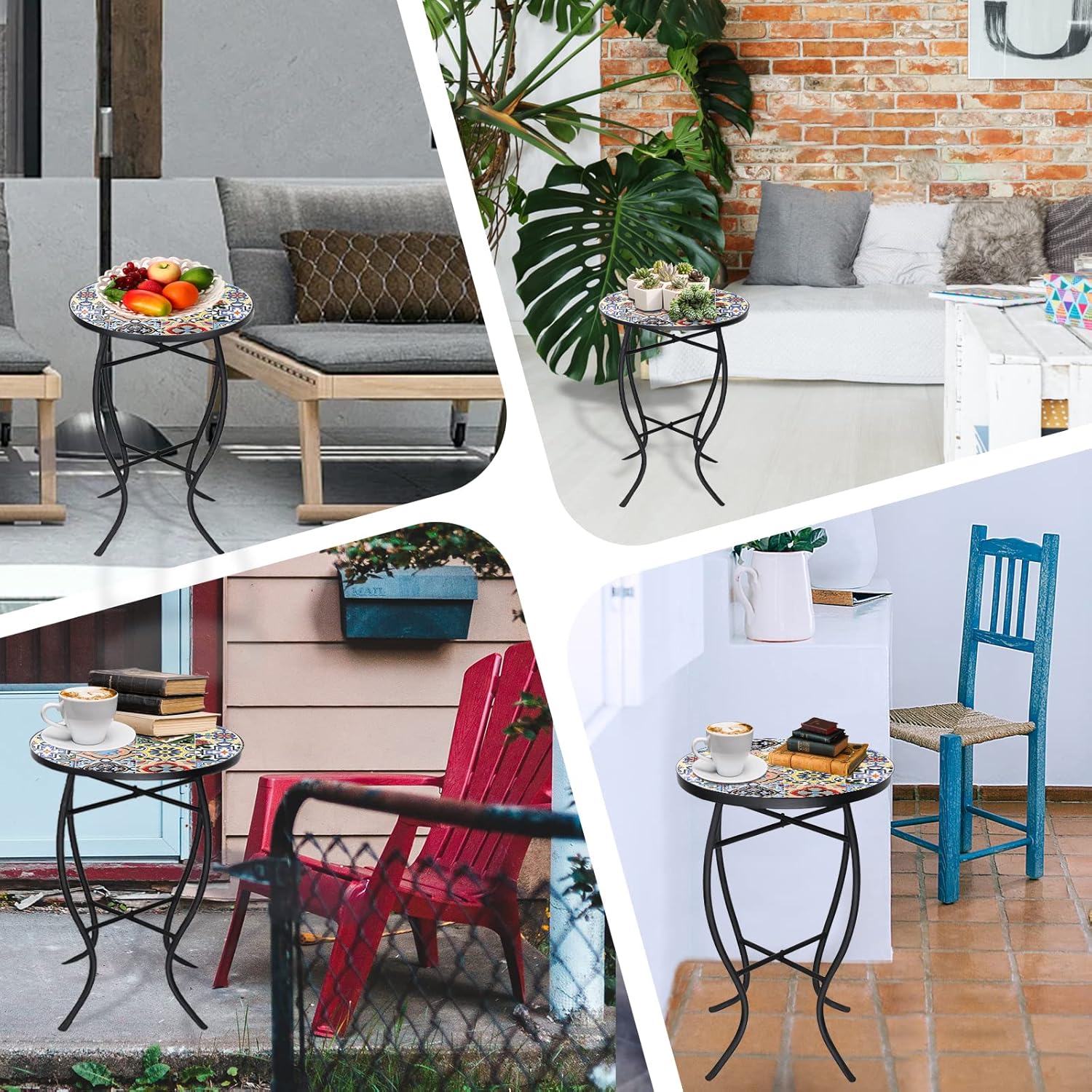 VCUTEKA Mosaic Side Table, 21" Round End Table with 14" Ceramic Tile Top, Indoor Patio Accent Table for Yard, Garden, Living Room, Bistro Balcony or Lawn