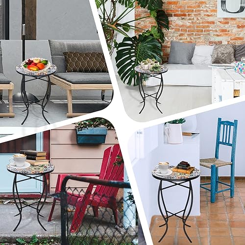 Miniatura 6 de VCUTEKA Mesa auxiliar de mosaico, mesa auxiliar redonda de 21 pulgadas con parte superior de azulejos de cerámica de 14 pulgadas, mesa decorativa de