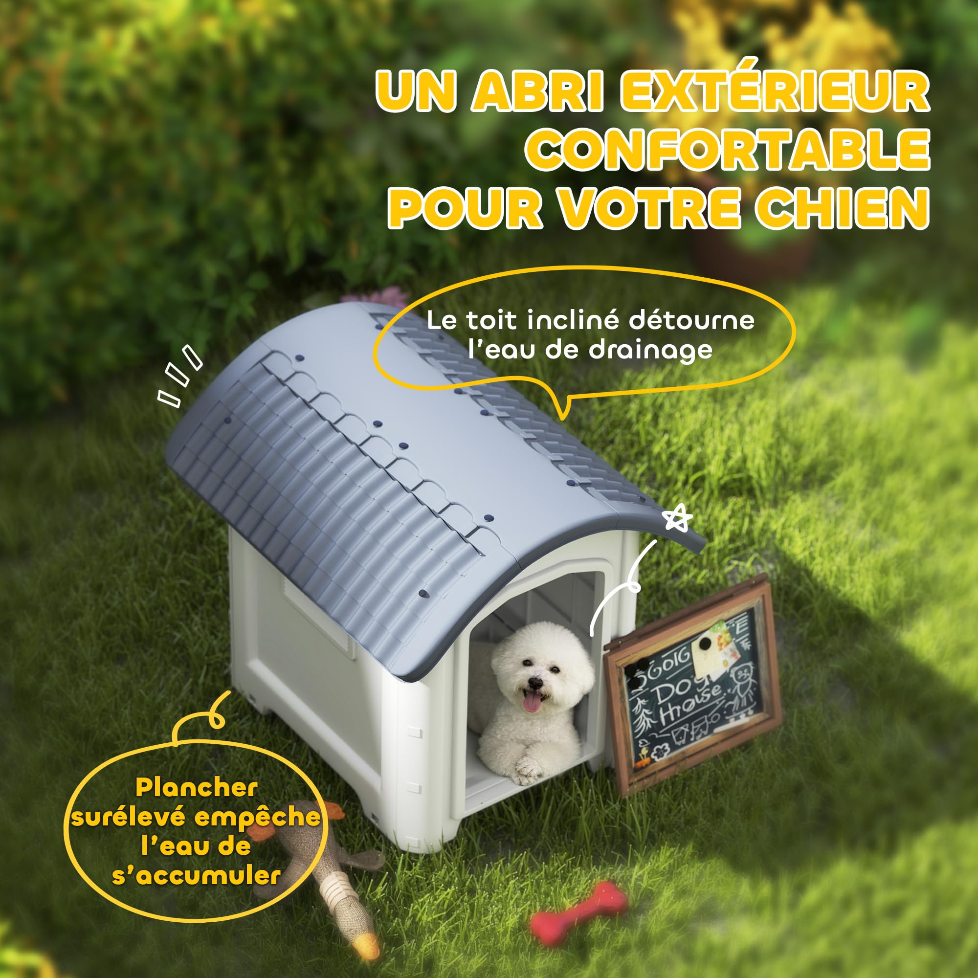 PawHut Niche pour Chien extérieur en polypropylène imperméable, ventilé, Maison Chien extérieur, Plancher surélevé et Amovible, bouches d'aération, pour Jardin, terrasse, intérieur, Gris