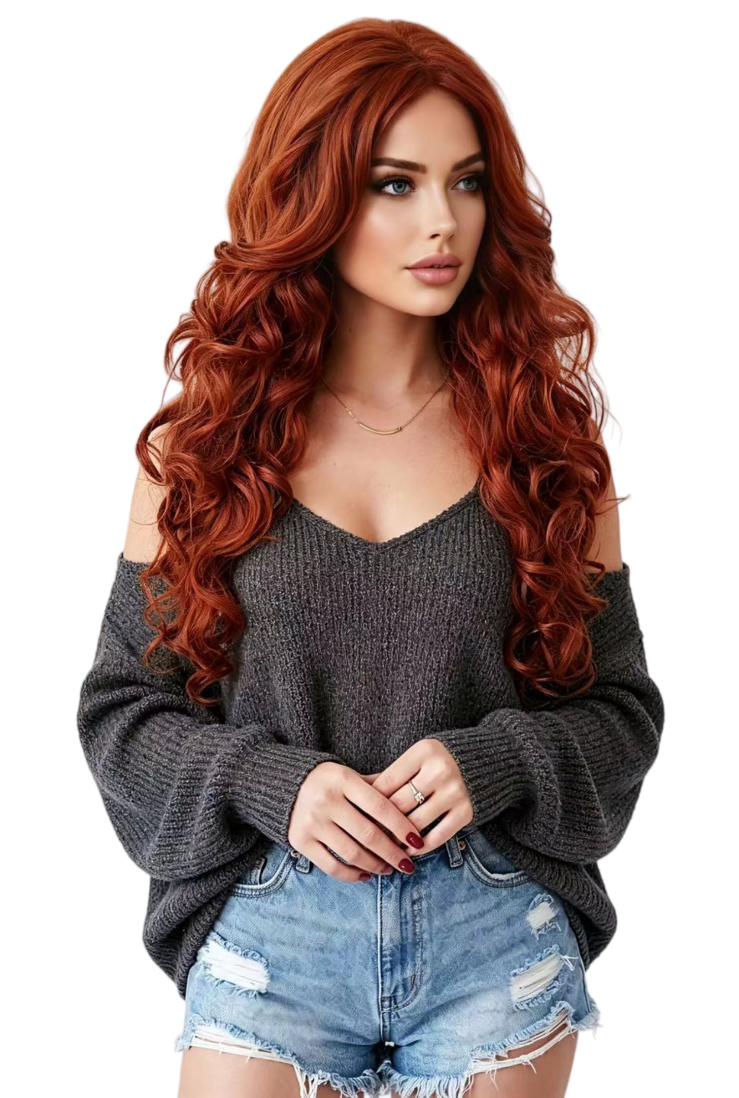 NJJYXH 24 Inches Auburn Wigs for Women Long Copper Red Wavy Wig Synthetic Natural Ginger Wig for Cosplay,Halloween,Daily Use
