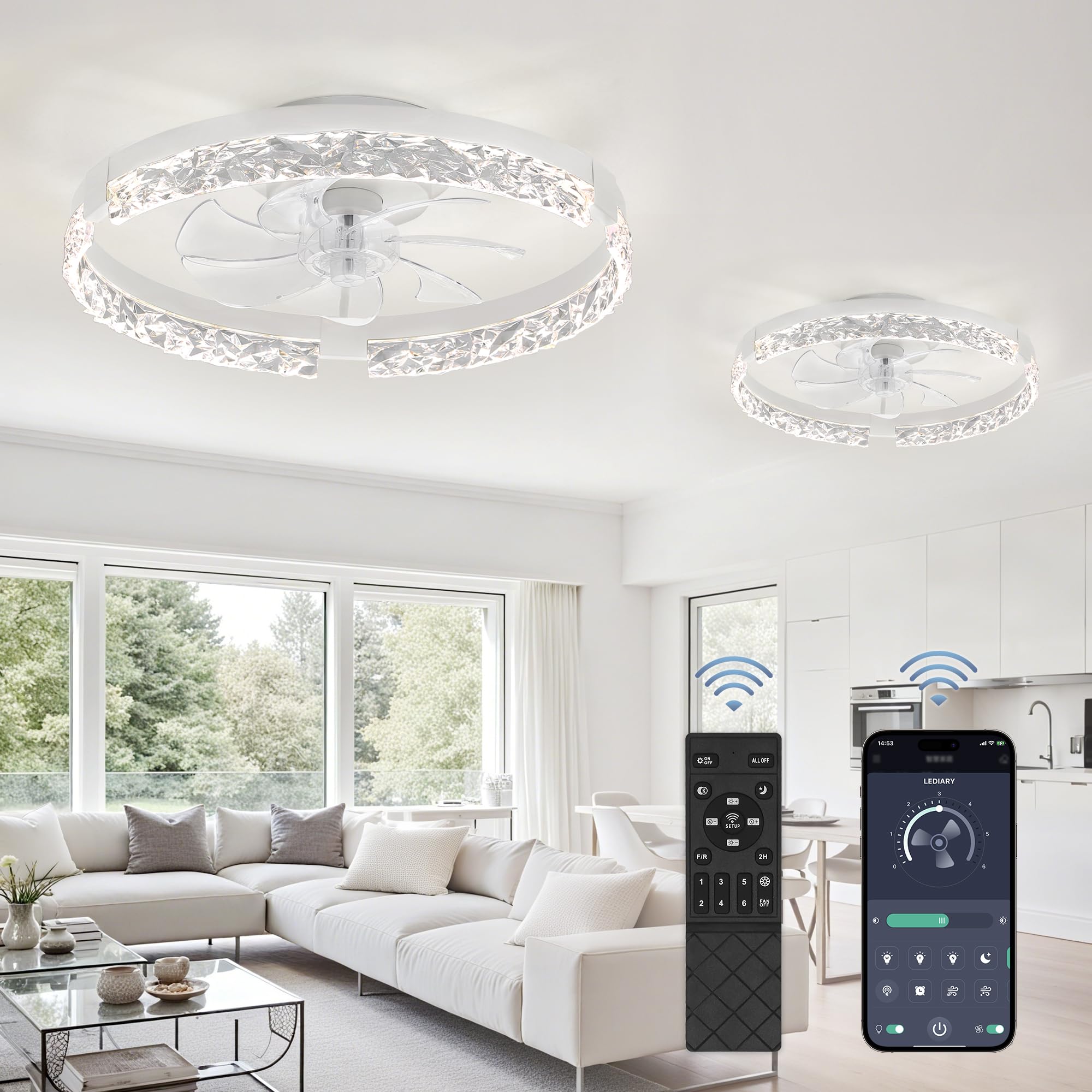 lediary 2 pack 20 inch ceiling fans with lights and remote, fandelier modern low profile ceiling fan, 3000k-6000k dimmable led fan light, white flush mount ceiling fans with lights for bedroom