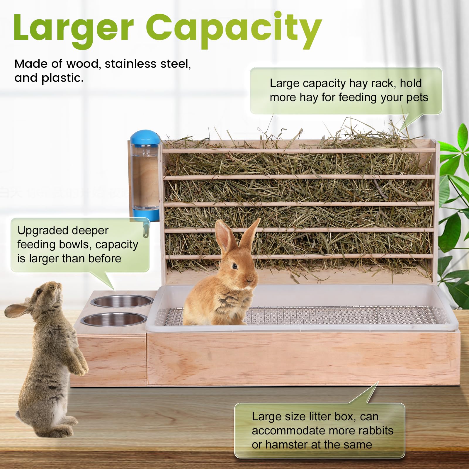 4 in 1 Groß Heuraufe Kaninchen Holz Futterspender Heu Kaninchen mit Katzentoilette Wasserflasche Futternäpfe für Hamster Hölzerner Hasenfutterautomat Heuhaltergestell für kleine Haustiere