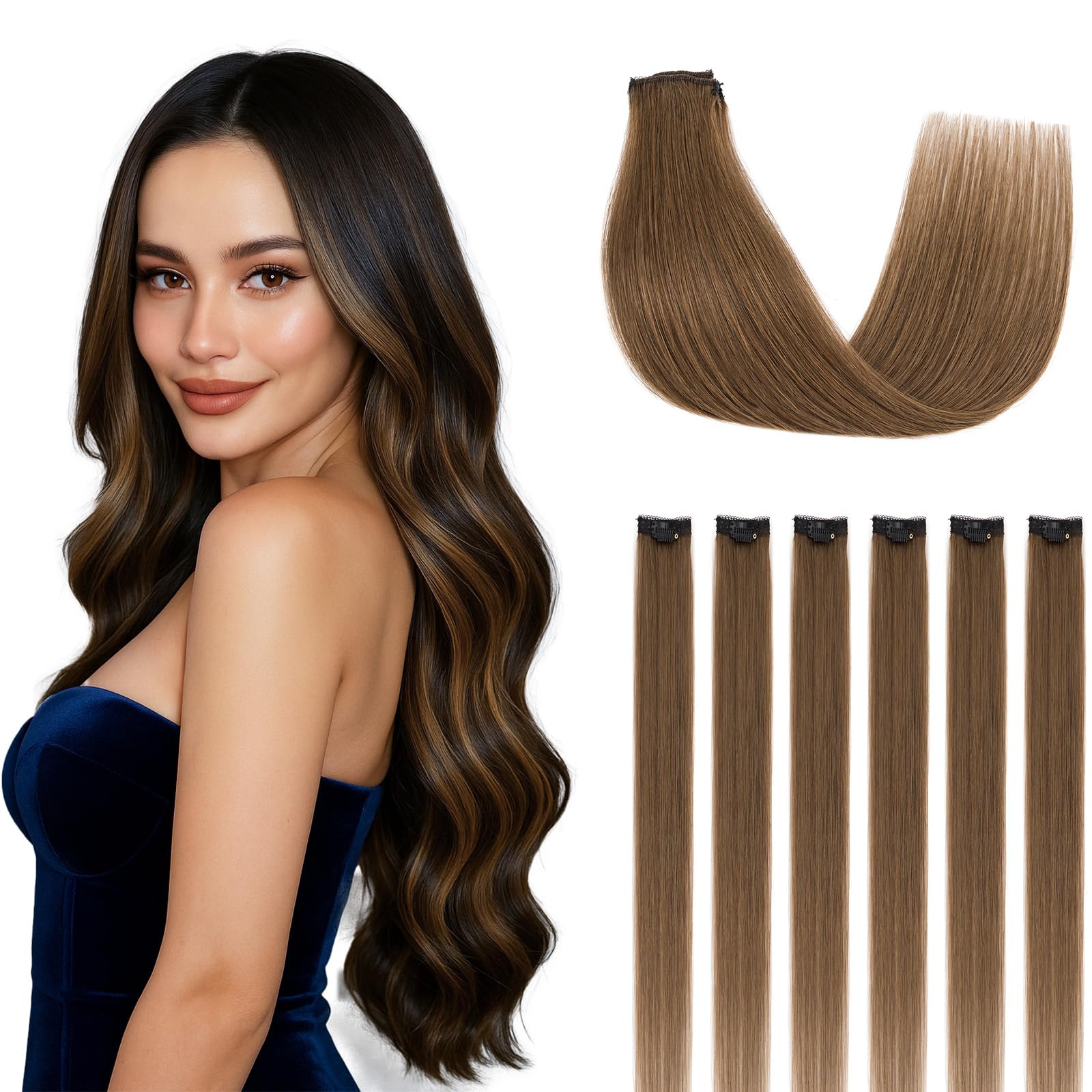 SEGOHAIR Clip in Hair Extensions Real Human Hair, Medium Brown Double Weft Virgin Remy Lace Weft Hair Extensions Clip in