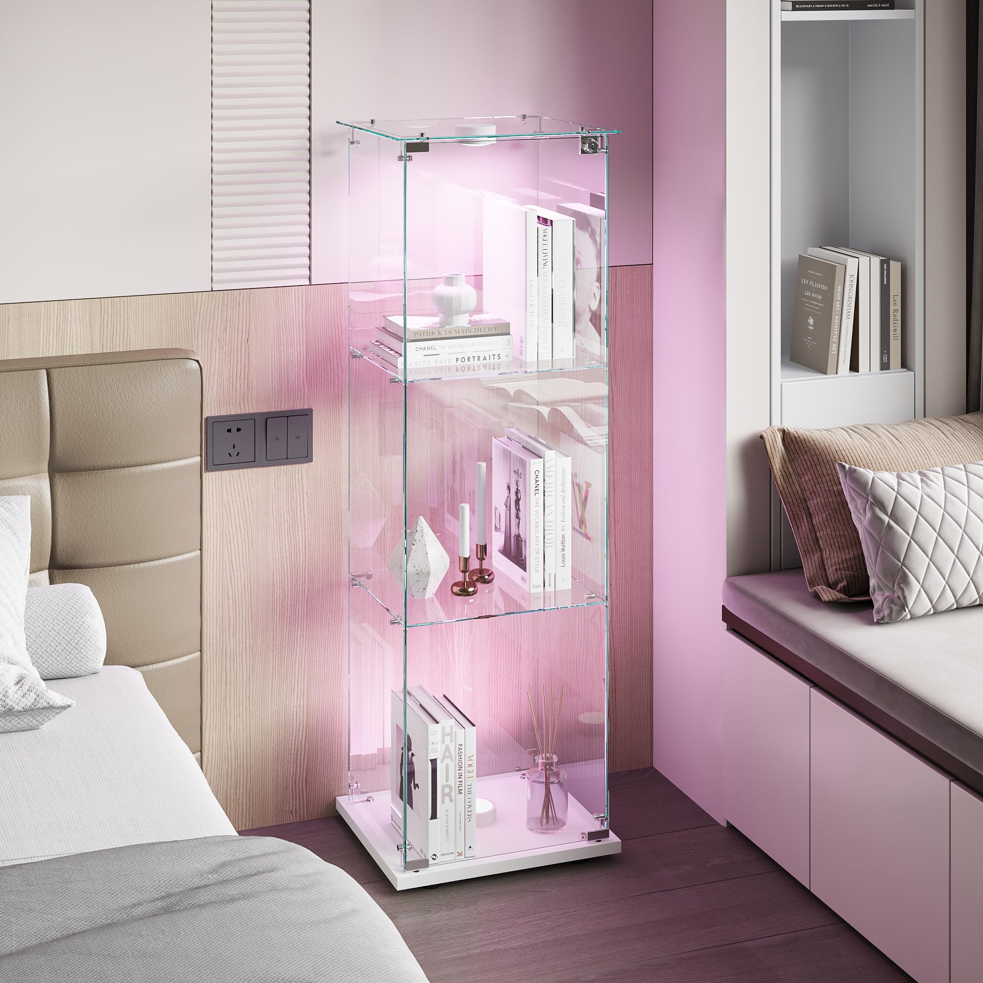 Vetrina in vetro con LED, armadio da collezione moderno con 3 ripiani 1 porta, vetrina da terra per soggiorno, camera da letto, ufficio, 123x40x35cm (bianco + porte singole + luci da pattuglia)