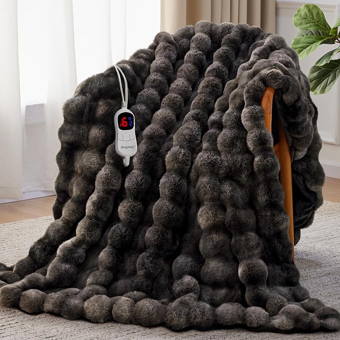 Heated Blanket Throw with 1/2/4/6/8 Hours Auto-Off 10 Heat Level, 50'' * 60'' Cozy Faux Rabbit Fur Bubble Electric Blanket with Overheat Protection(Beige)
