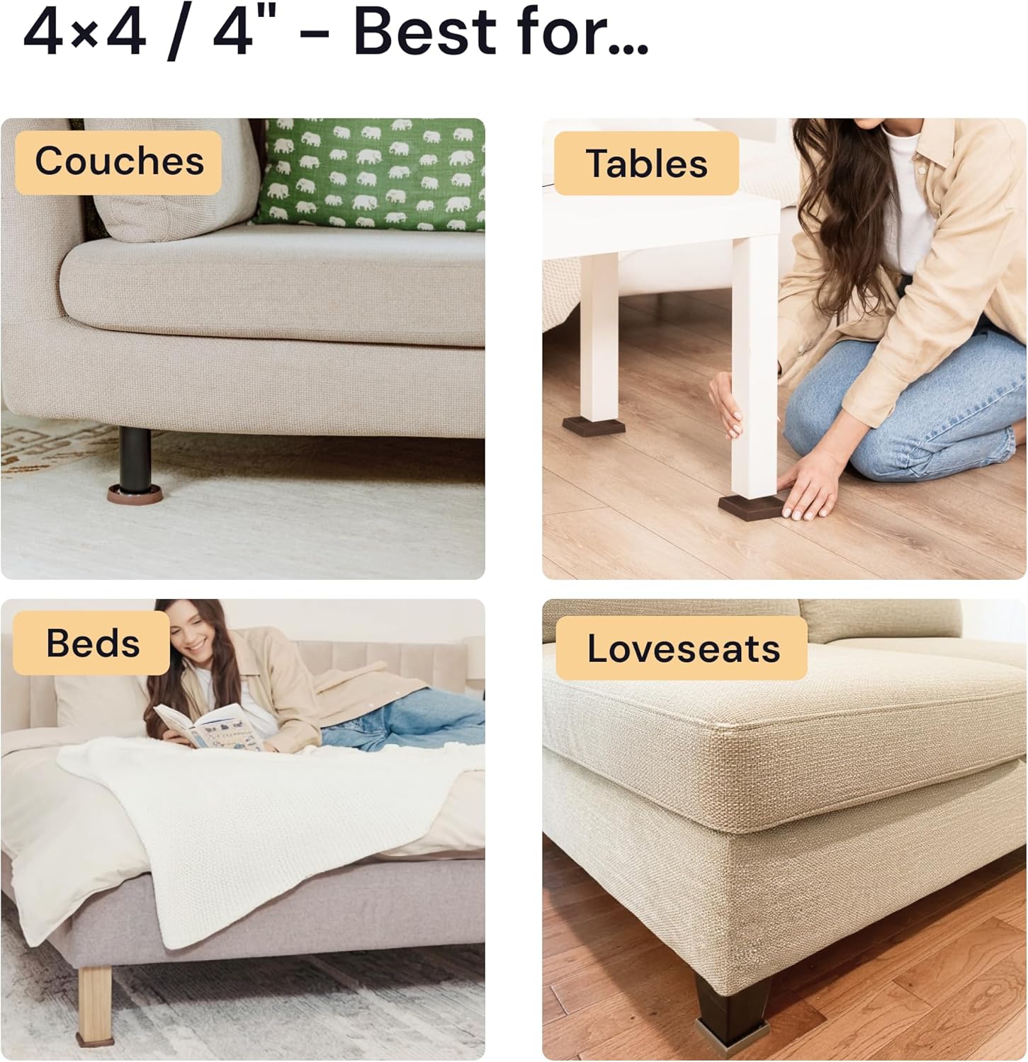 CasterMaster Non-Slip Furniture Pads for Hardwood Floors - 4 x 4 Brown Pack of 4 - Anti-Skid Rubber Caster Cups - Table Leg Protectors & Rubber Feet for Chairs