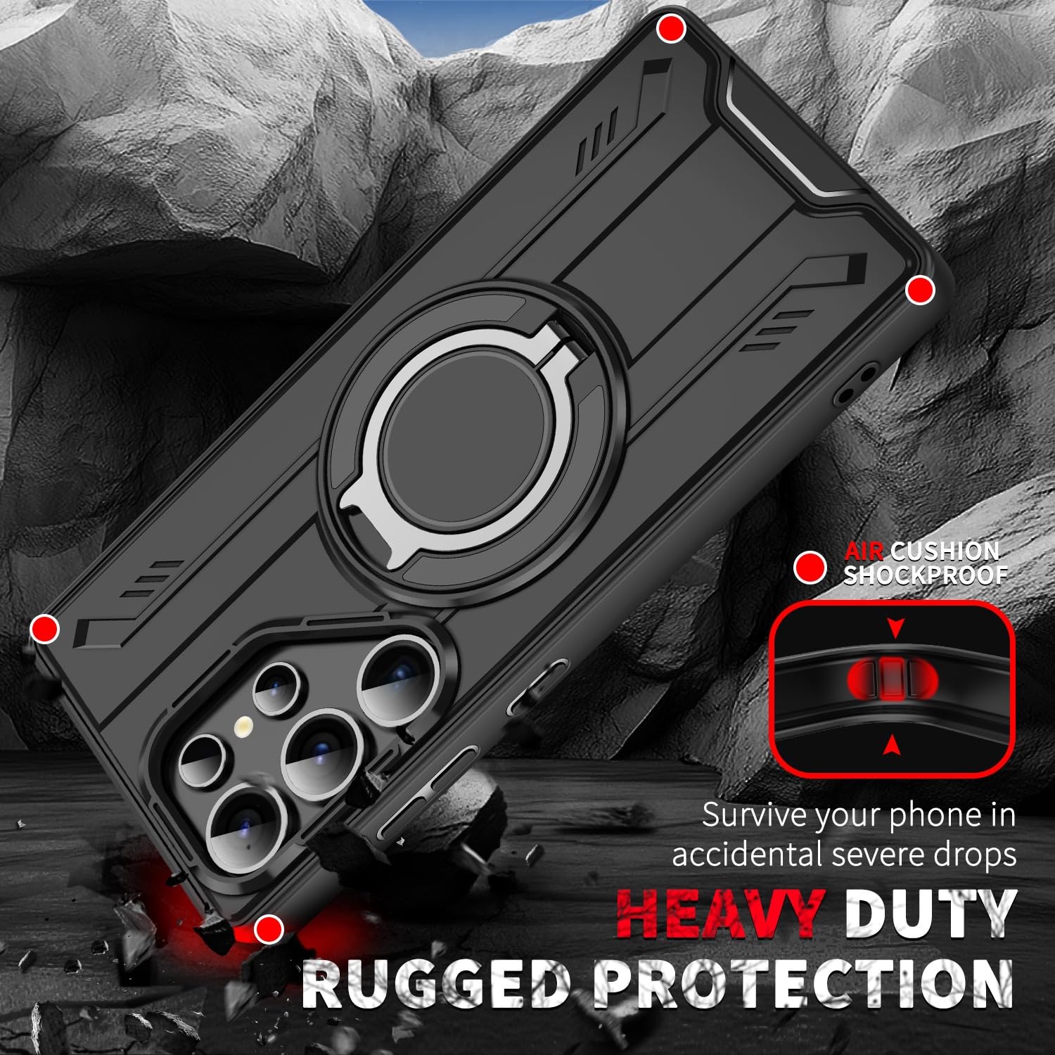 Compatibile con la custodia per cellulare con supporto rotante magnetico Samsung Galaxy S25/S25 Plus/S25 Ultra, copertura protettiva anticaduta a copertura totale.,S25,Black