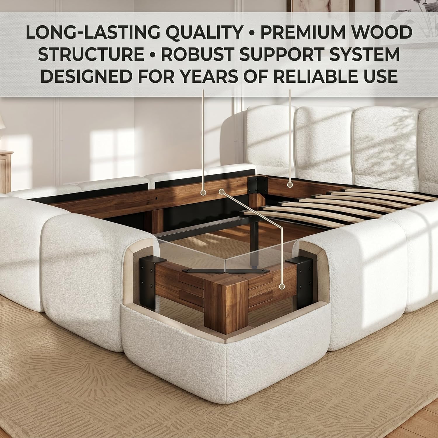 JIJIWANG King Size Platform Bed, Boucle Thick Headboard and Footboard, Upholstery Grounded Beds, Floor Bed Frame, Block Style, White