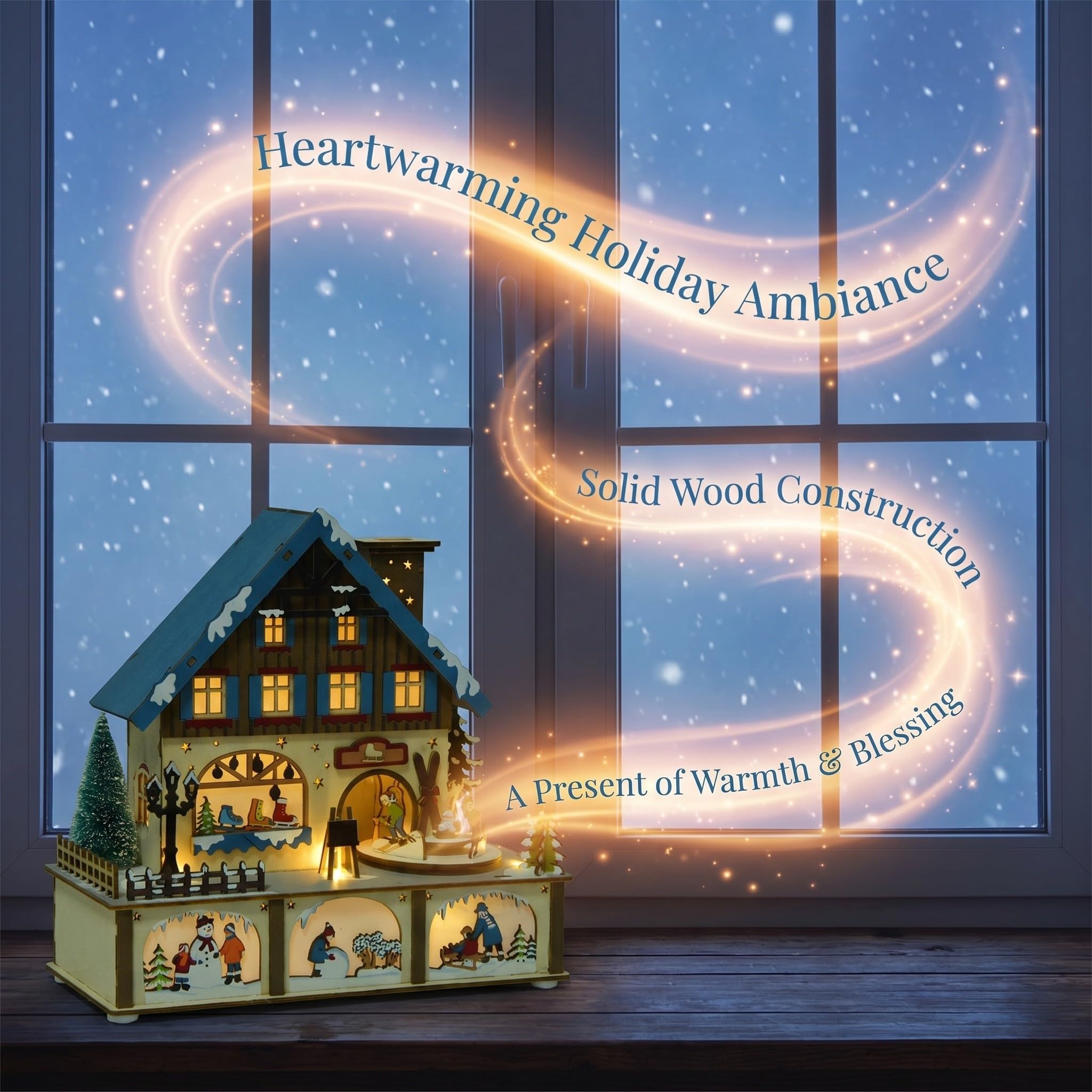 SHINEOFI Casetta di Natale in Legno con Luci a Led, Villaggio Natalizio Illuminato, Decorazione Natalizia Blu da Tavolo, Ornamento Natalizio per La Casa, 10,4 X 10 X 3,9 Pollici