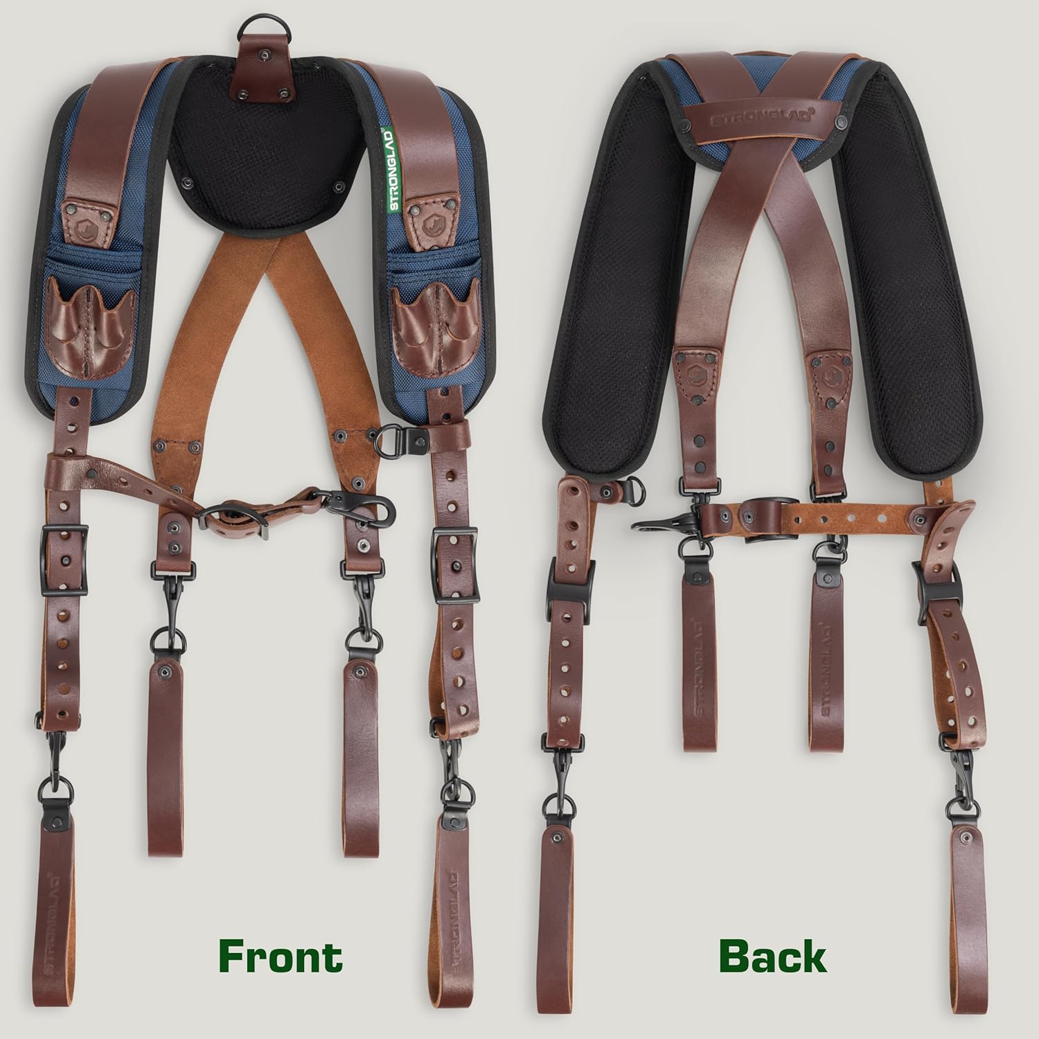 STRONGLAD Tool Belt Suspenders – Full-Grain Leather & 1680D Nylon Padded Shoulder Straps | Adjustable Fit | Heavy-Duty Construction Support for Men