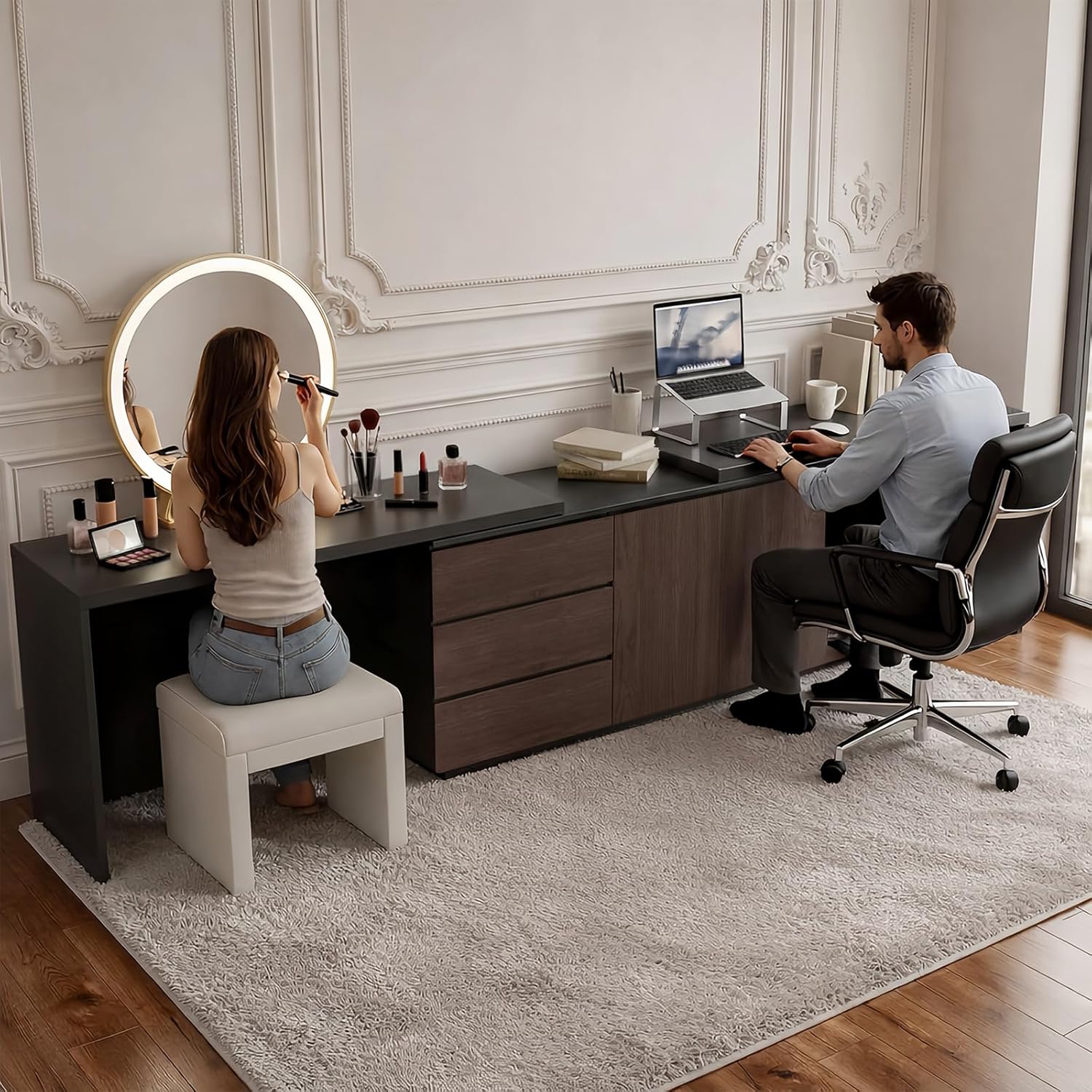 135-Inch Extra Long 2-Person Desk with 3 Drawers and 2 Cabinet Doors, Black and Dark Walnut Texture, Double Computer Desk L-Shaped Workstation for Family Shared Office Space