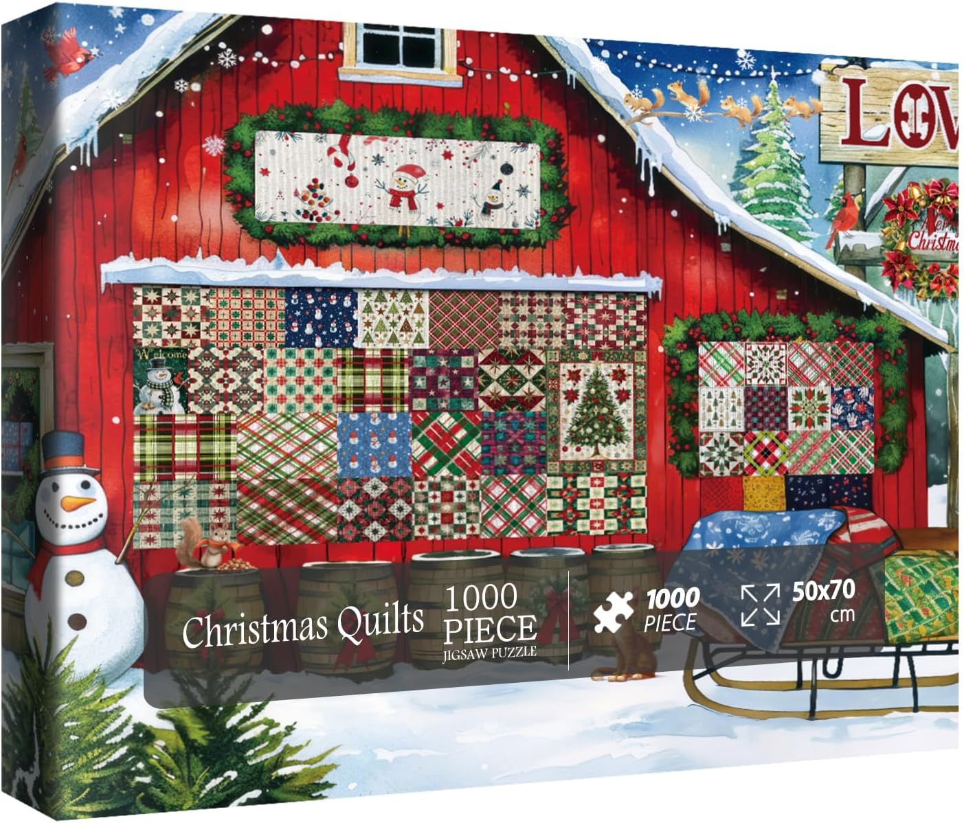 Christmas Barn Quilt Puzzles for Adults 1000 Pieces, Winter Xmas Holiday Jigsaw Puzzles, Art Snowman Farm Puzzles