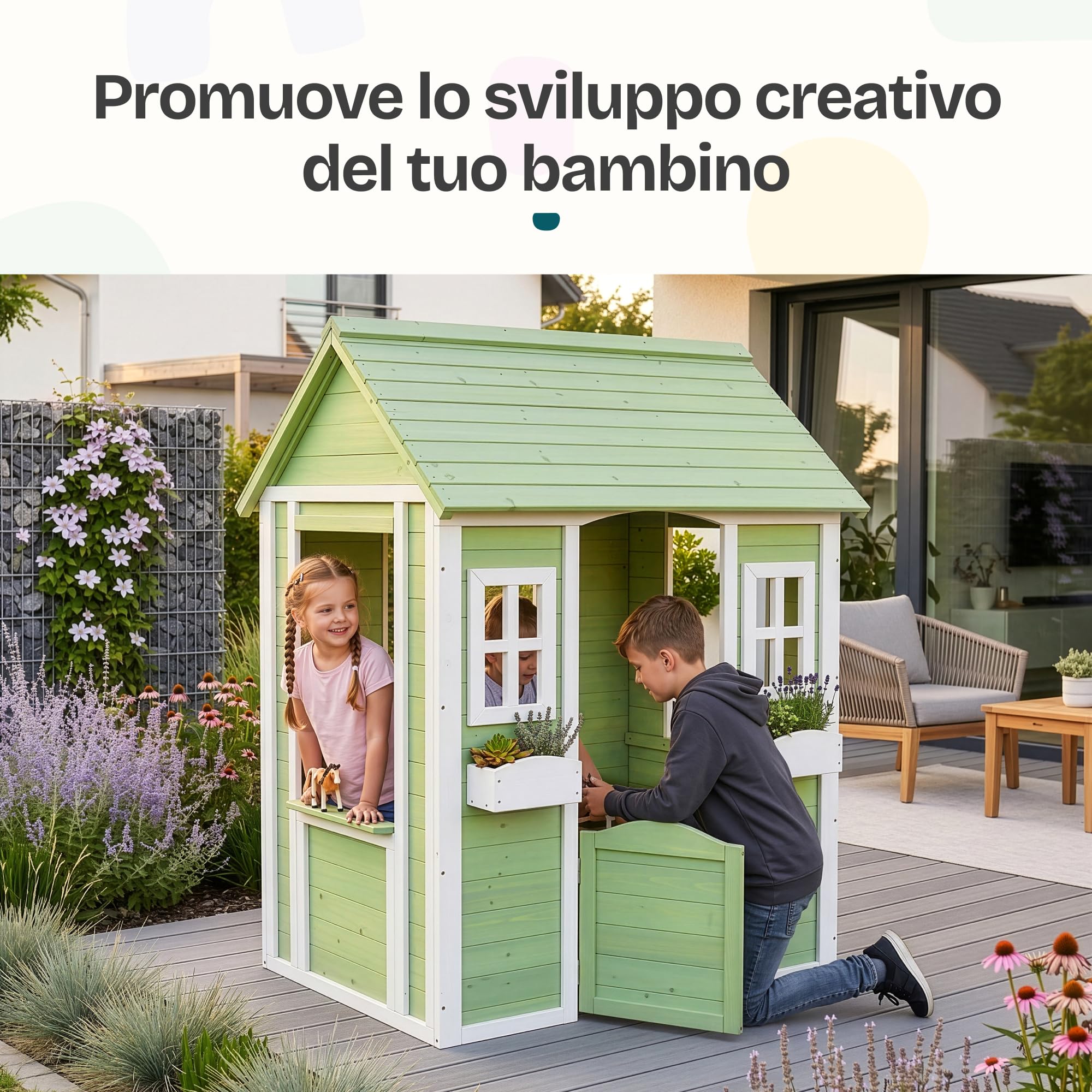 [en.casa] Casetta da Gioco per Bambini in Legno di Abete con Tetto a Capanna Finestre Fioriere e Cancello Casetta da Giardino per Bimbi 144x107x90 cm Verde/Bianco