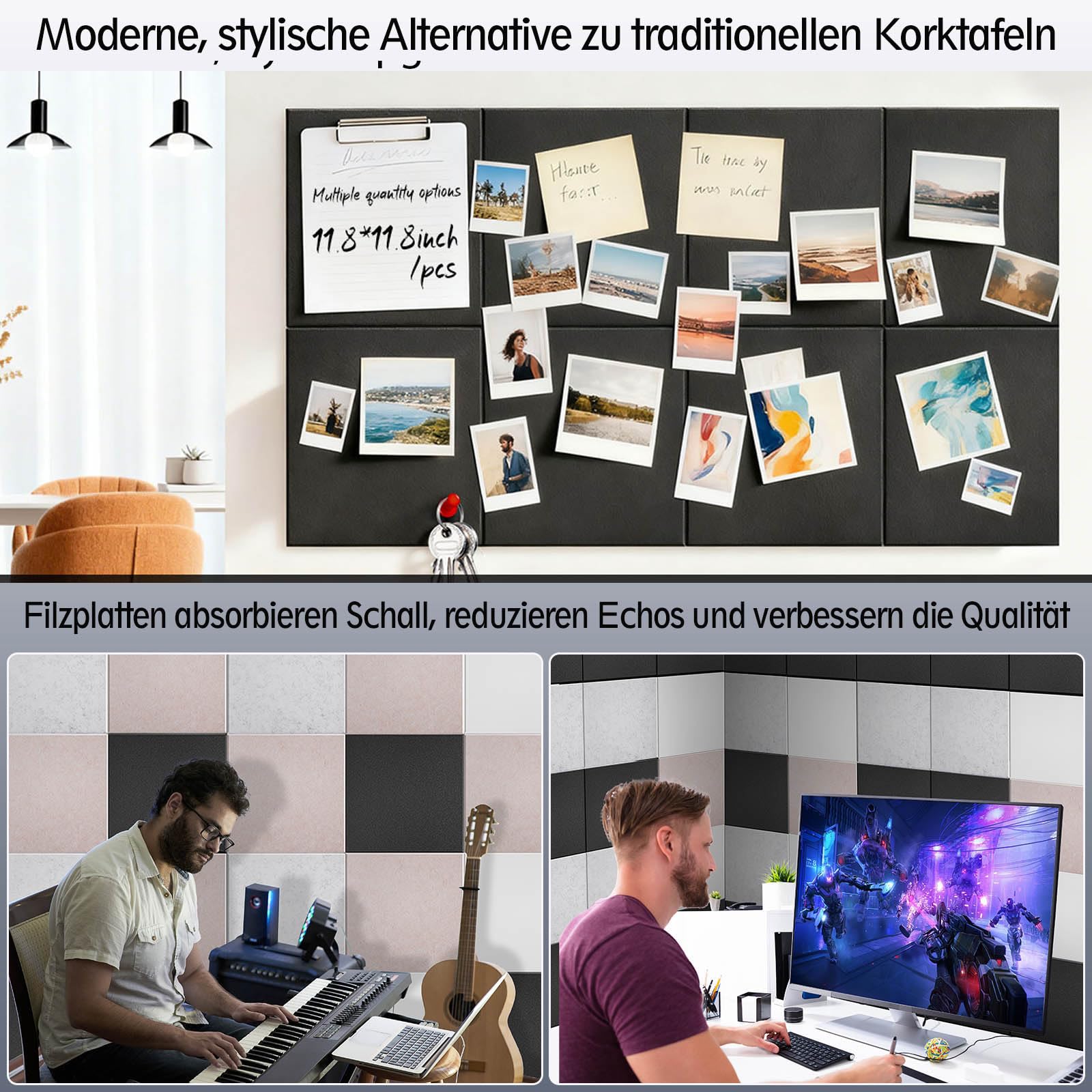Große Pinnwand 89,9 x 59,9 cm, schwarze Korktafel, 6 Stück Korktafeln für Wände mit 24 Reißnägeln, Pinnwand & Vision Board für Home Office, Studentenwohnheim, Kreativstudio