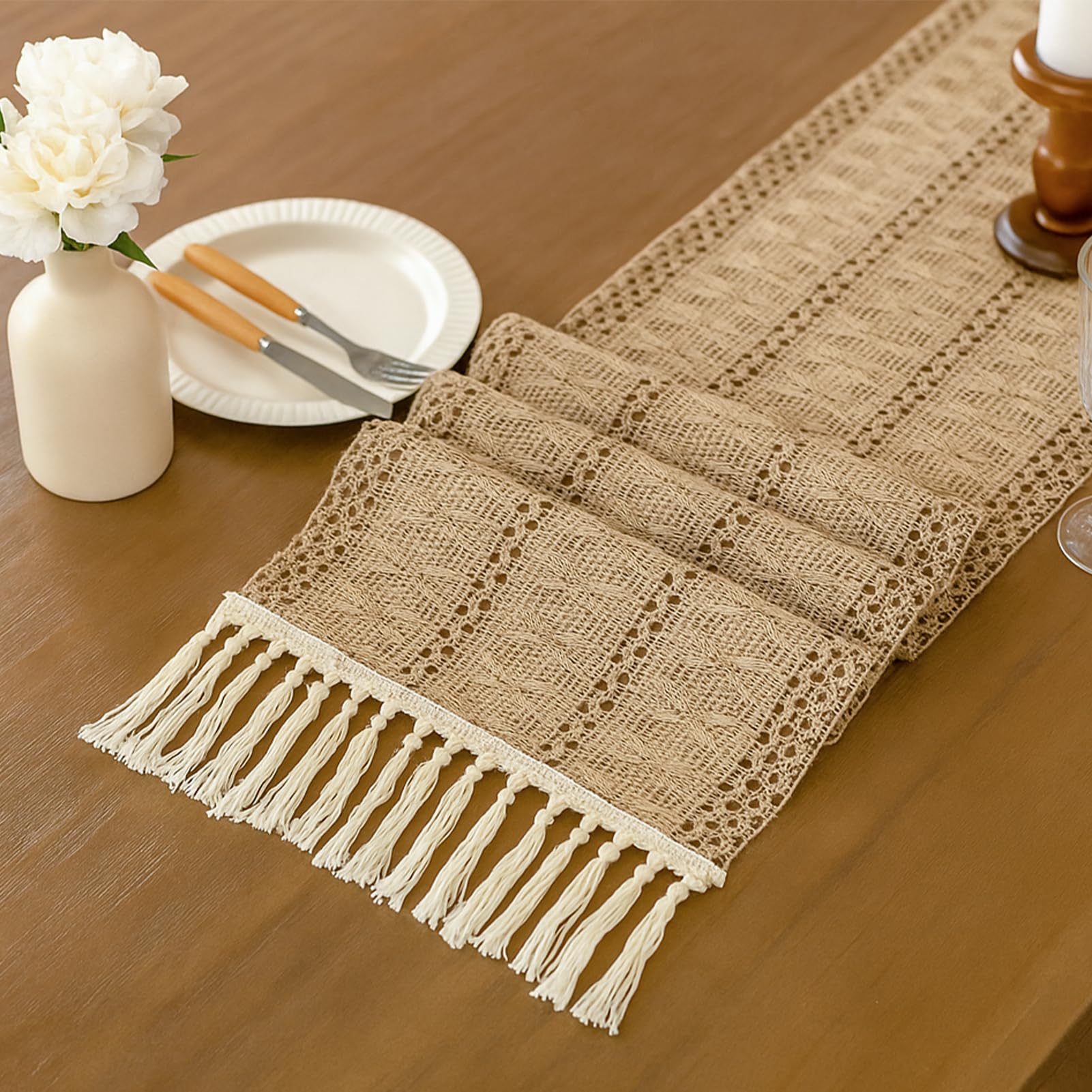 48 Inches Burlap Table Runner with Tassels Boho Farmhouse Table Runner Macrame Style Woven Table Decor for Birthday Holiday Party Weddings