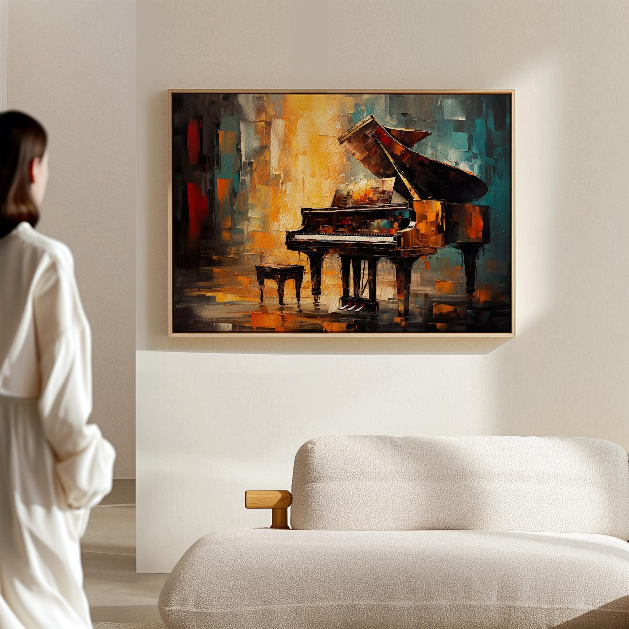 Quadro astratto su tela con pianoforte, arte del pianoforte, per musicisti, opere d'arte per pianisti, arte del pianoforte a coda, immagini, dipinto artistico musicale (40x60 cm/cornice interna)