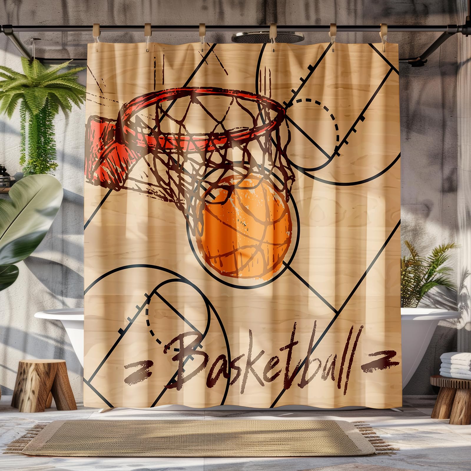 Peopleareok Basketball Shower Curtain for Boys, Basketball Boys Theme Sports Shower Curtain Mens Waterproof Polyester Bathroom Home Decor Set with 12 Hooks, 72" W x 72" L