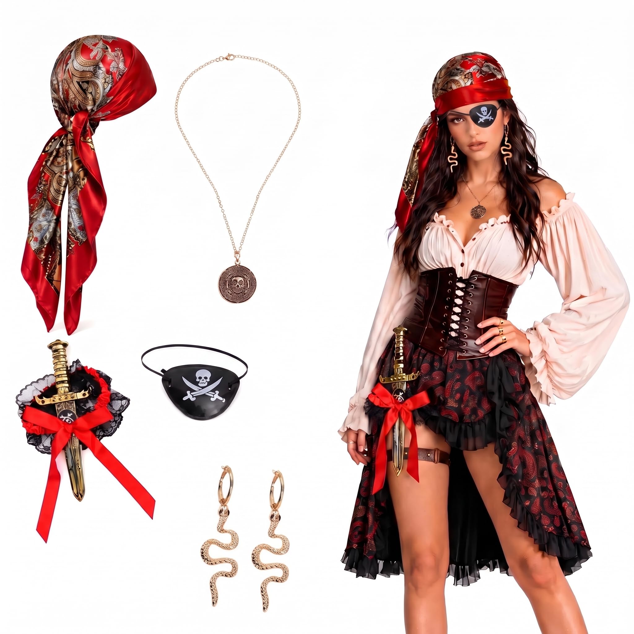 5 Pcs Pirate Costume Accessories Set For Women,Girls Pirates Hat Outfit in Halloween Party,Womens & Teen Costumes Garter For Cosplay Party,Ladies & Women's Pirate Headscarf Adult For Stage Performance