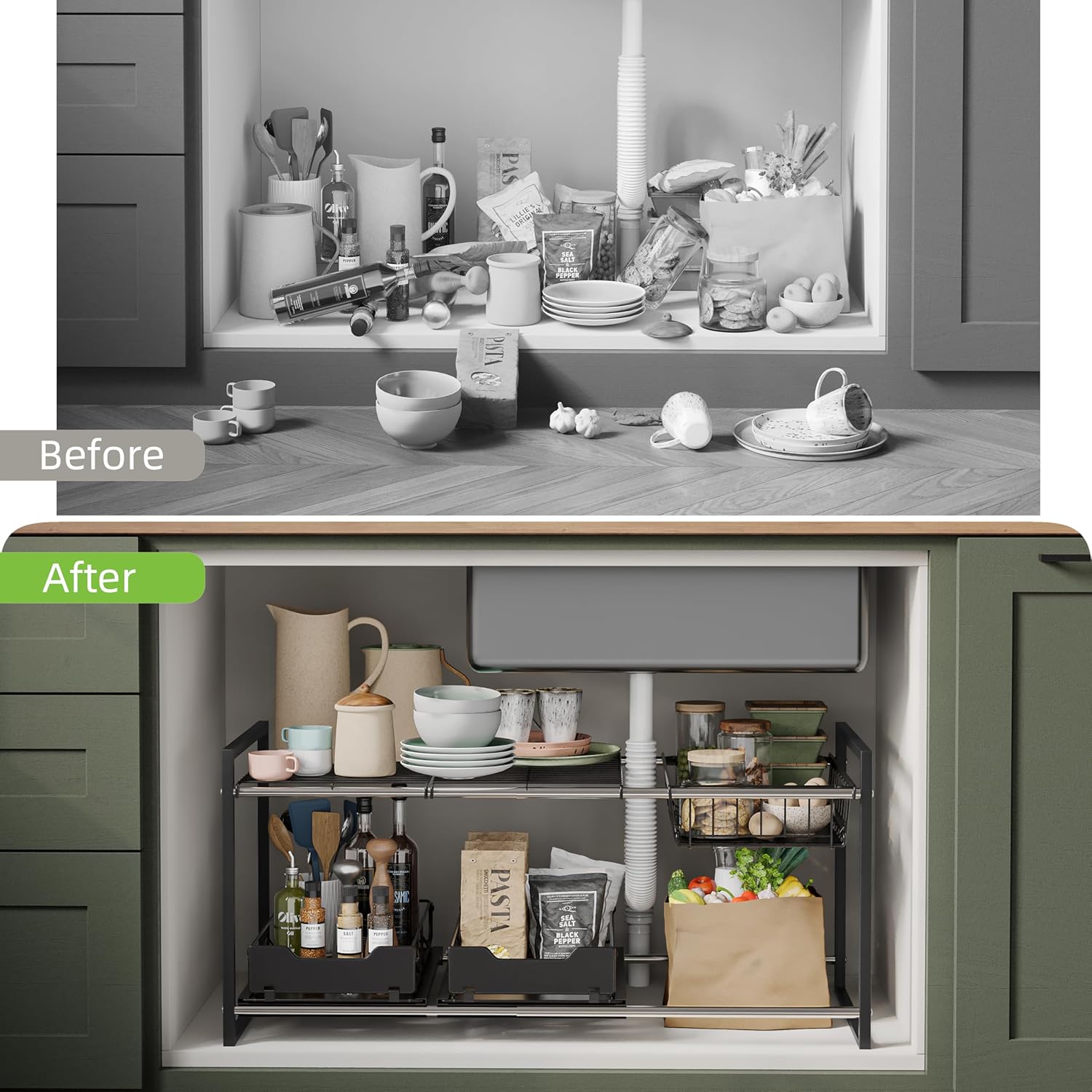 NETEL Under Sink Organizers and Storage,Kitchen Cabinet Organizer,2 Tier Under Sink Expandable Shelves，Bathroom Cabinet Organizer with Pull Out Drawers,(30.9-31.64)" W x 14.69" D x 15.83" H,Black - Image 5