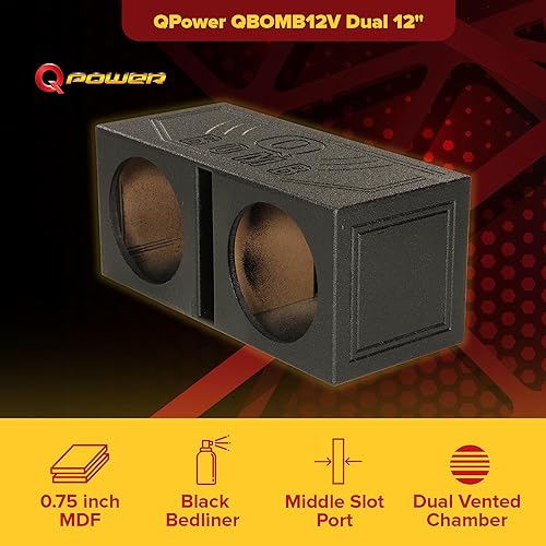 Miniatura 3 de Q Power Caja de subwoofer doble de 12 pulgadas, carcasa de altavoz ventilada de alto rendimiento, color negro, accesorios para sistema de audio y