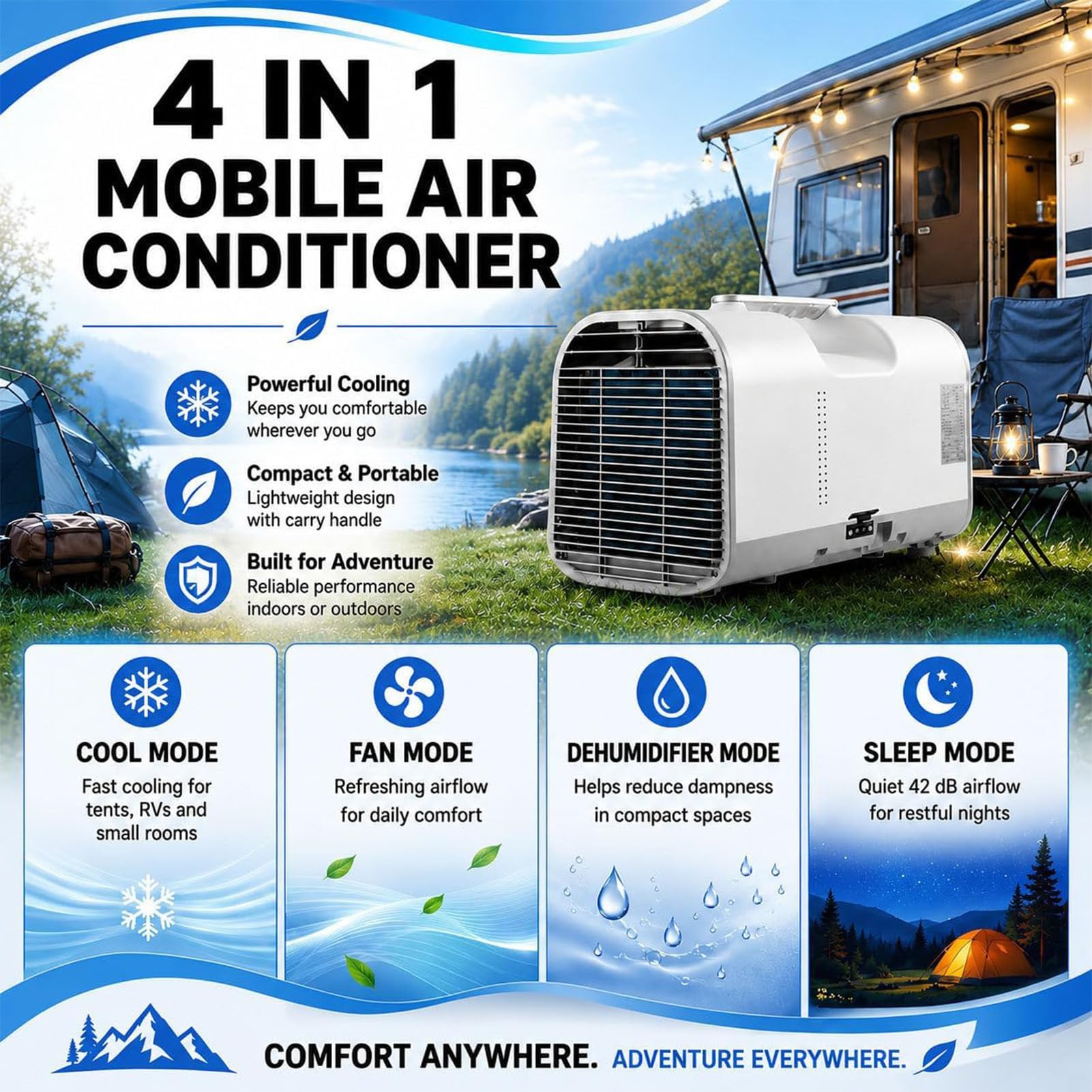 Aria Condizionata Portatile, Condizionatore Portatile per Camper 4400/5100BTU con 3 velocità Regolabili, Timer & Telecomando, 4-in-1 Deumidificatore, Condizionatore & Ventilatore