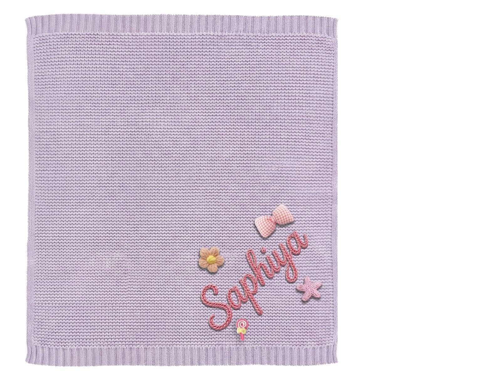 CGFN Personalised Baby Blanket with Name for Newborn Boys & Girls, Pure Knitted Cotton, Unique Christening, Soft Keepsake Blanket 100x80cm (Purple)
