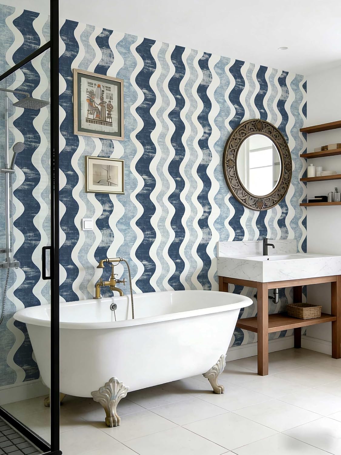 Navy Blue & White Wavy Peel and Stick Wallpaper, Distressed Textured Wave Pattern Wallpaper Modern Coastal for Home Decor | 17.7" x 118", Self-Adhesive, Waterproof Vinyl