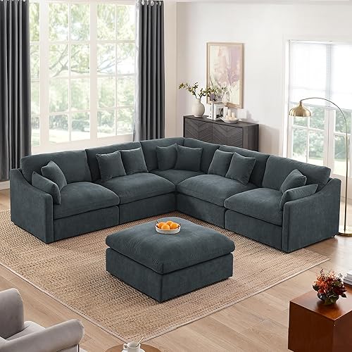 Juego de sofá modular en forma de L con otomana, sofá de asiento profundo de combinación libre con relleno de plumas de plumón, 10 almohadas, sofá