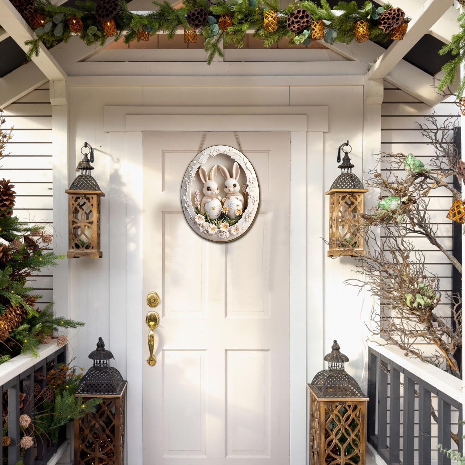 Osterkranz Haustür Ostern Türschild Türkranz Ostern Frühling Oster Außen Innen Türdeko zum Aufhängen Osterdeko Fenster Hängend Osterschmuck Holz Osterhase Deko Modern Frühlingsdeko Draussen Küche, Haushalt & Wohnen