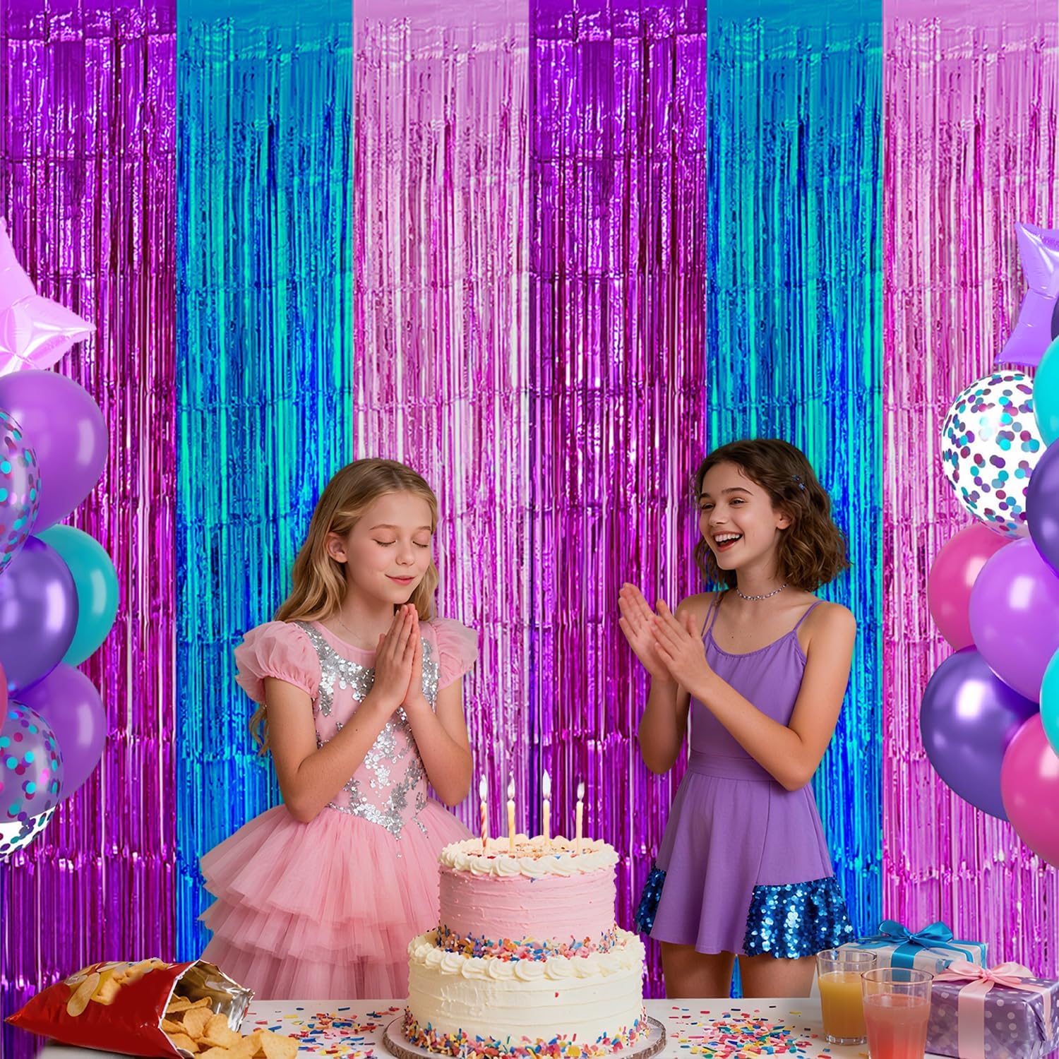Purple Blue Pink Fringe Curtains Backdrop Birthday Party Decorations, 2 PCS | 3.28 x 6.56 Ft Music Themed Tinsel Metallic Streamer Banner Photo Booth Props for Music Disco Mermaid Party Decor Supplies