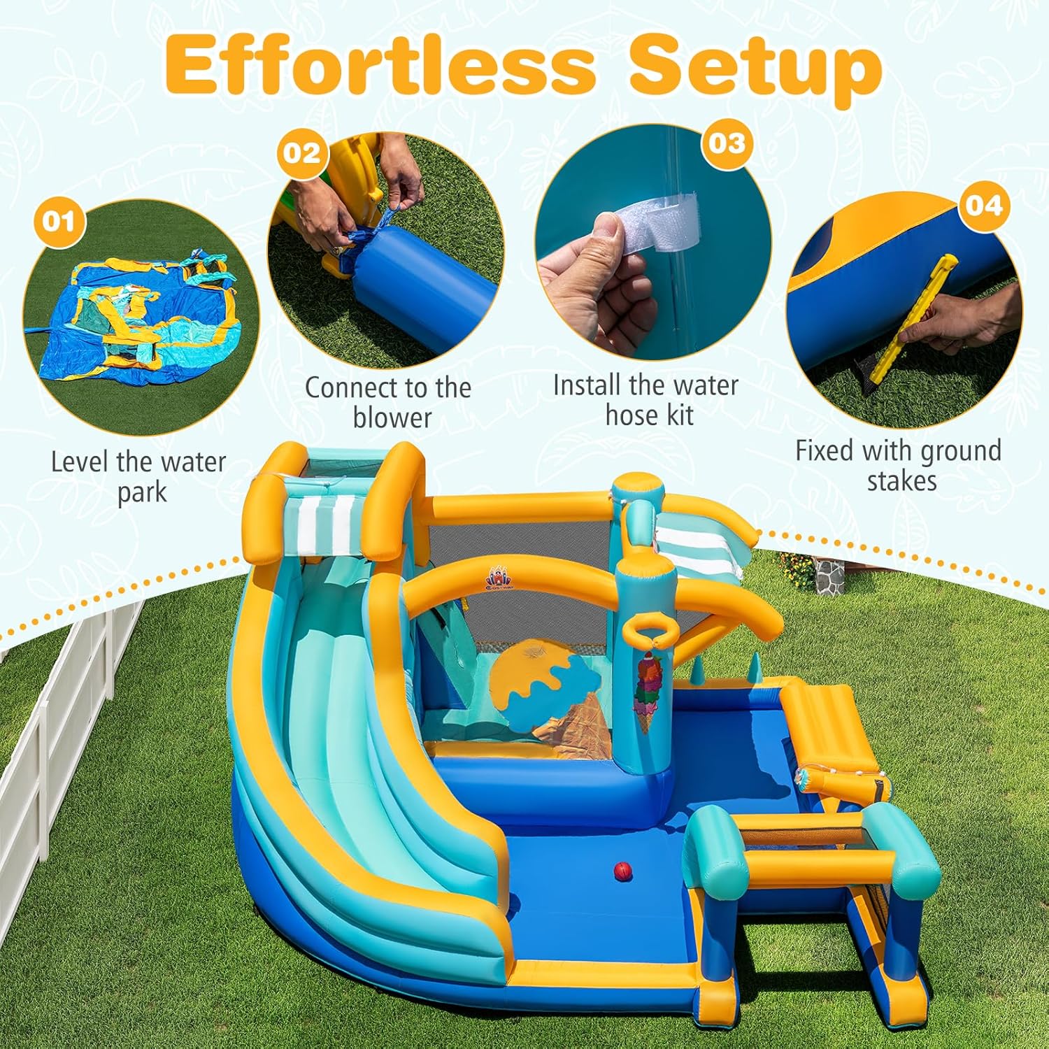 HONEY JOY Inflatable Water Slide with Market Stand, Long Slide/Bounce House/Climbing Wall/Soccer Gate, Water Cannon, Splash Pool, Outdoor Blow Up Waterslides for Backyard Party Gift (With 735w Blower)