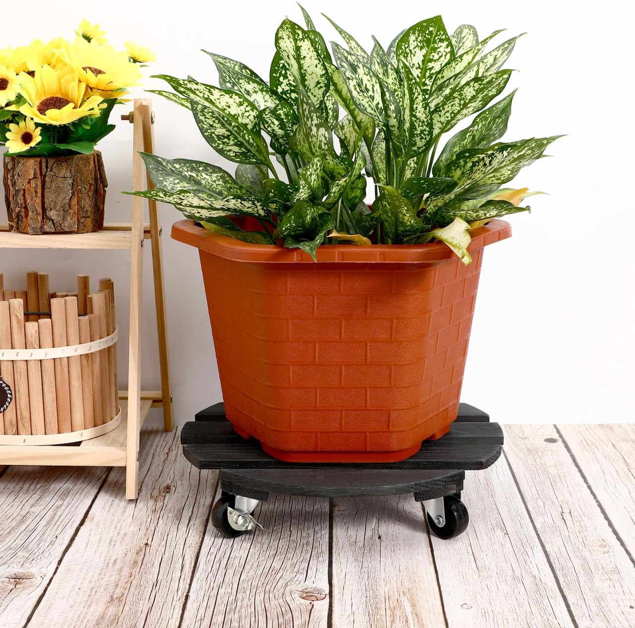 Sosoport Movable Wooden Plant Stand with Wheels 12 Inch Round Plant Holder Roller for Indoor Outdoor Use with Metal Lockable Casters Floor Protection