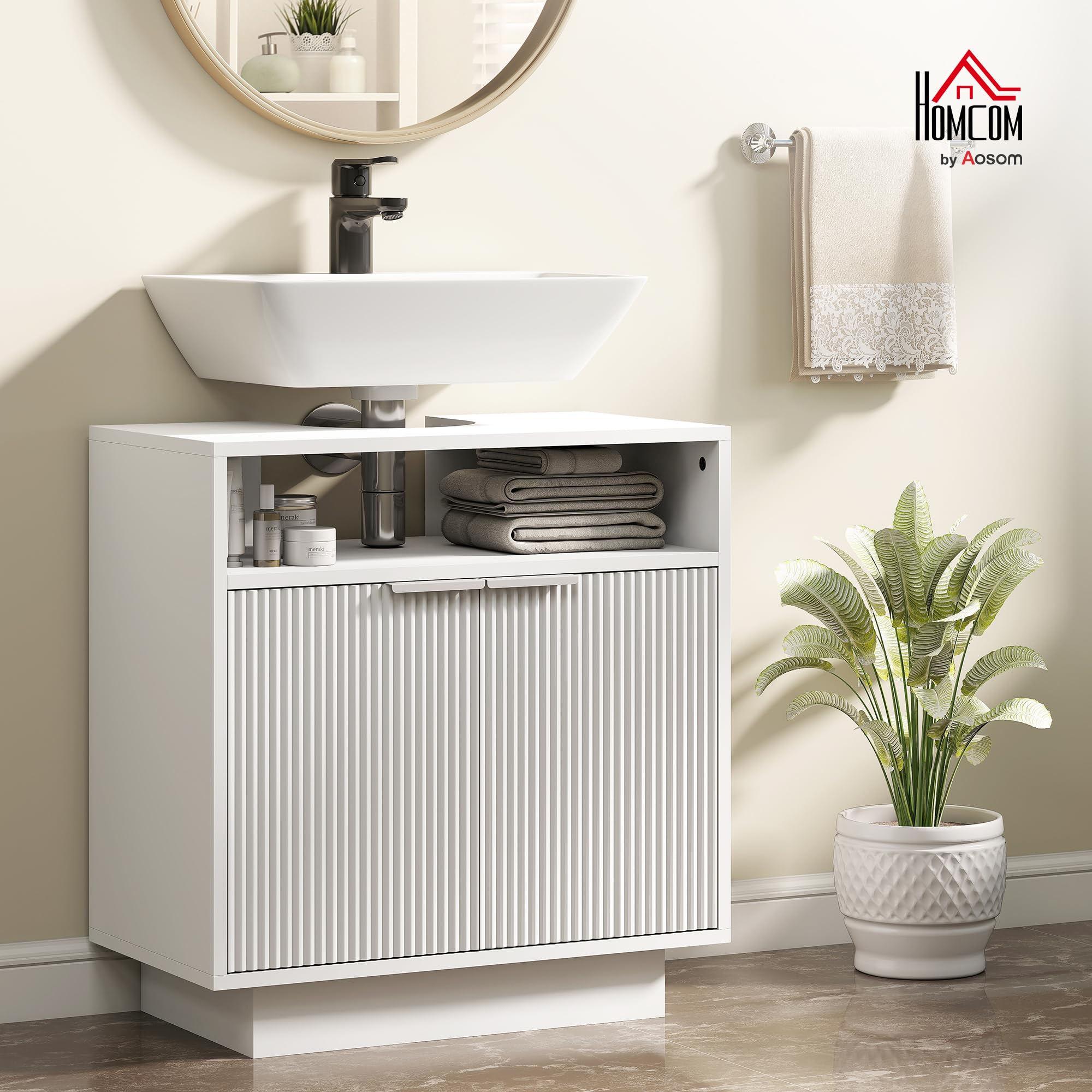 HOMCOM Mueble bajo Lavabo con 2 Puertas Acanaladas 60x33x63 cm Blanco | Mueble de Baño, Compartimento Abierto, Armario de Baño para Lavabo sin Pedestal, Estilo Moderno