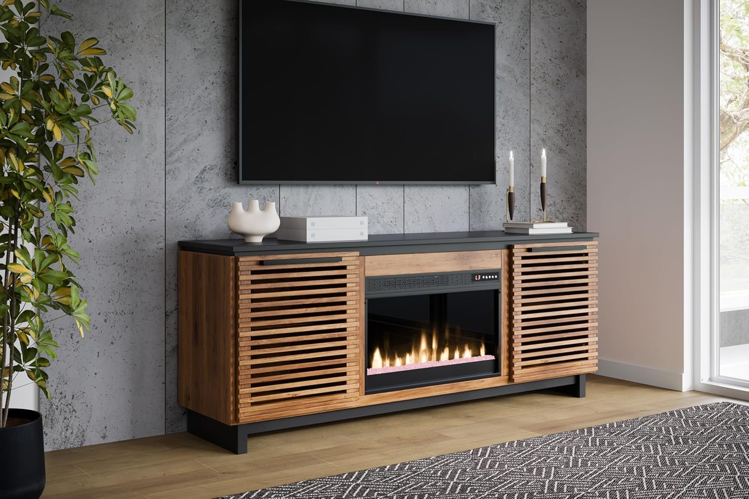 Bridgevine Home Graceland 69 inch Electric Fireplace TV Stand Entertainment Center, Accommodates TVs up to 80 inches, Easy Set Up, Solid Wood, Modern Slat Details, Bourbon Brown and Black Finish