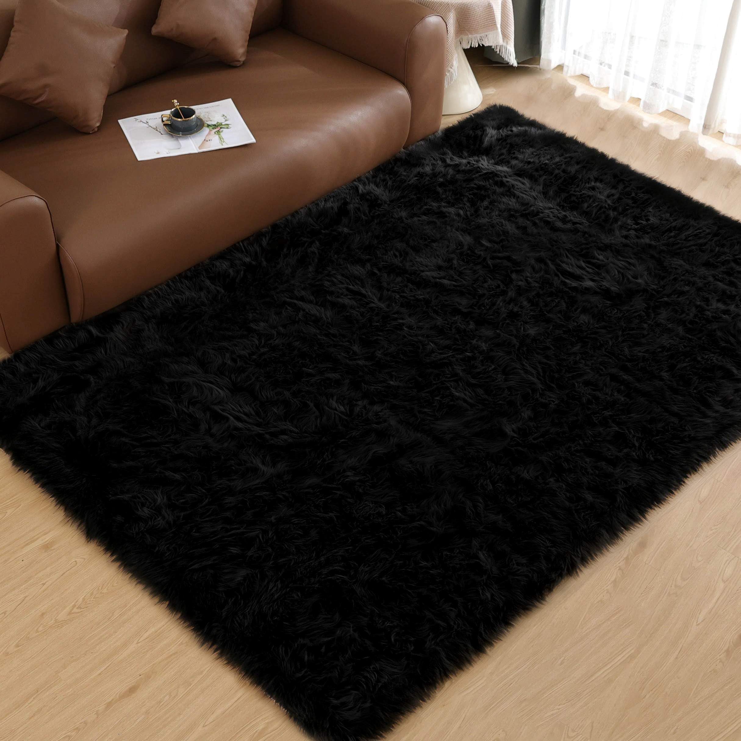 Goolela Black Area Rug 6x9 Fluffy Fuzzy Furry Shag Faux Sheepskin Fur Rug for Living Room Bedroom Plush Soft Rectangle