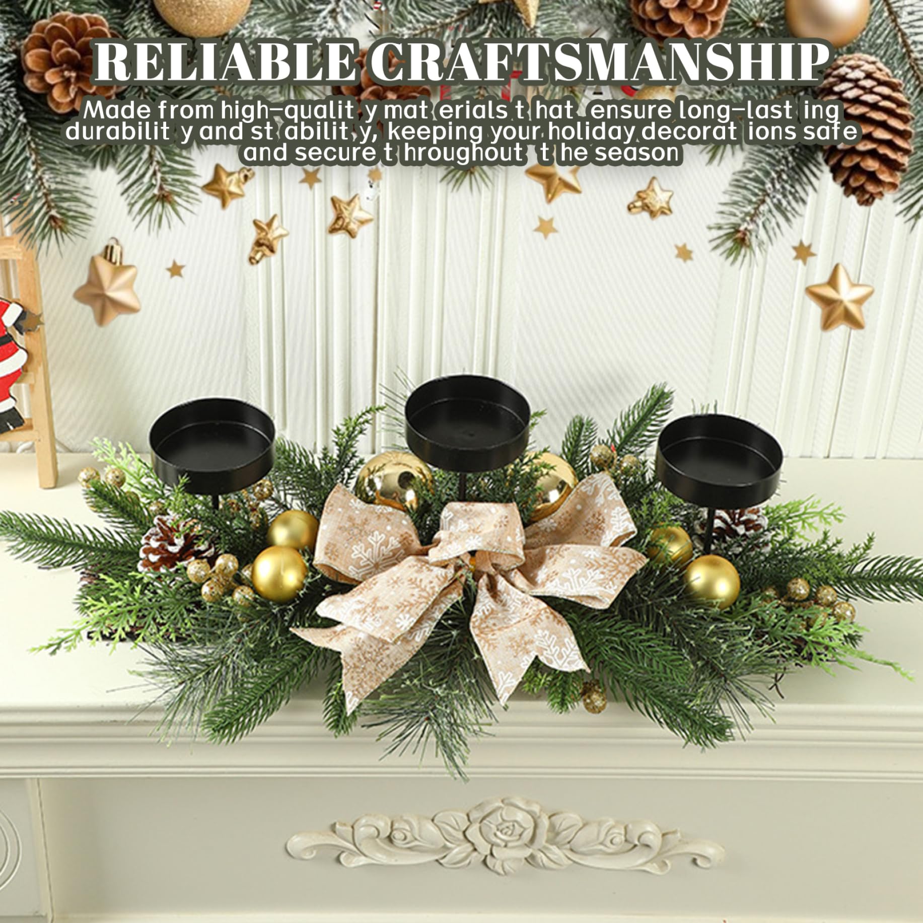 Candelabro navideño con 3 bandejas Centros de Mesa navideños con Lazo, Adornos, Bayas y Agujas de Pino para Mesa de Fiesta Decoración navideña Portavelas