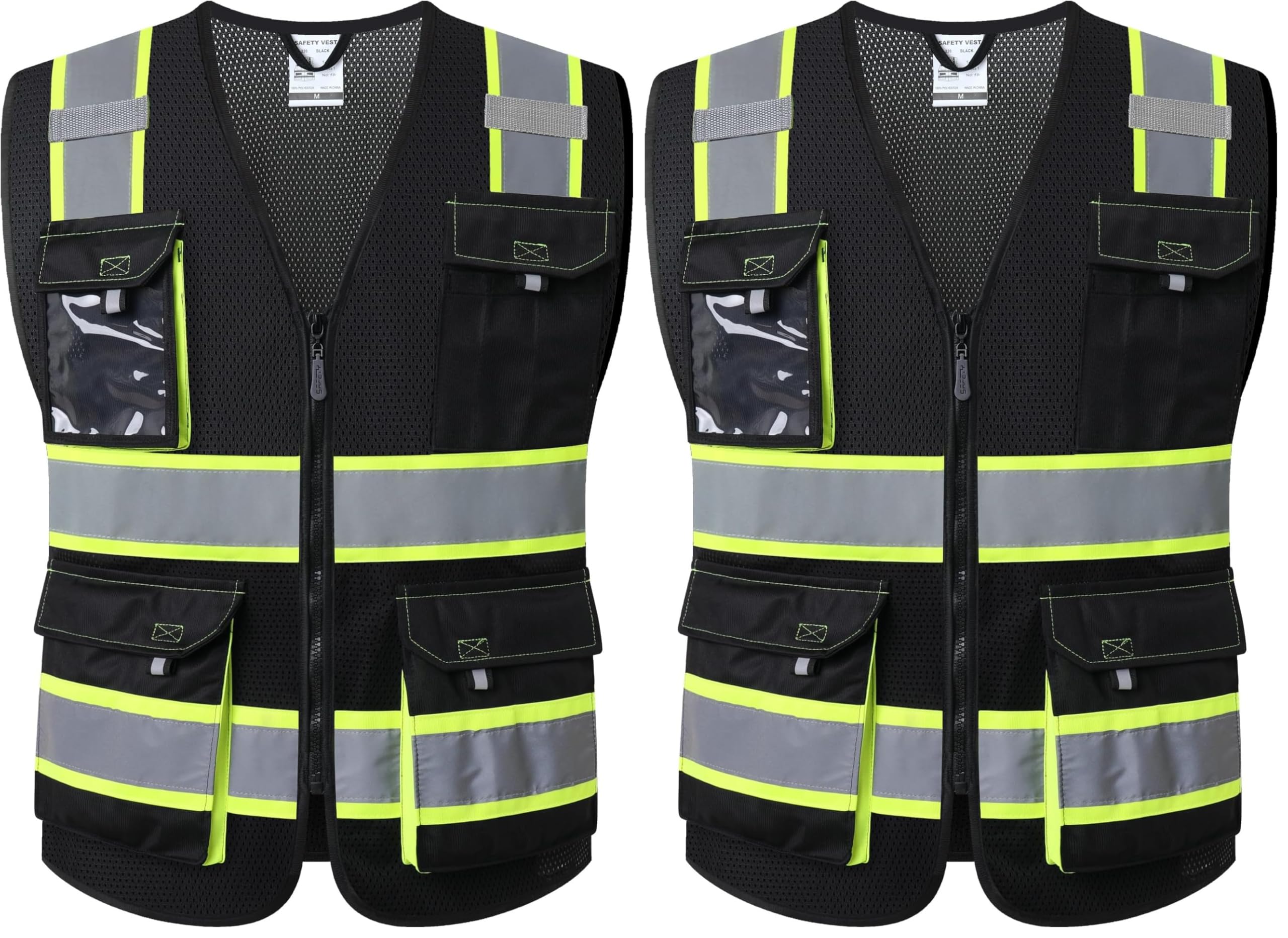 JKSafety Hi Vis Reflective Safety Vests for Men Women High Visibility Vest with Pockets Mesh Fabric Construction Safety Apparel Neon Vest for Work (220-Black L) (Pack of 2)