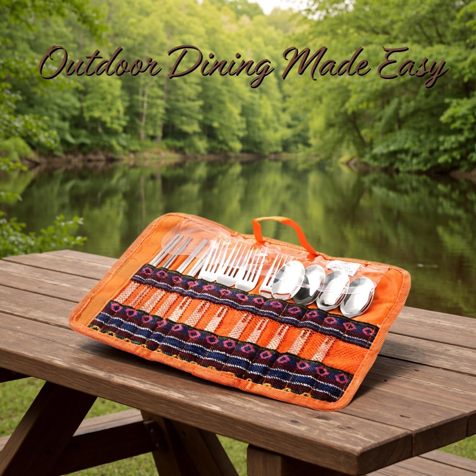 4-Personen Outdoor-Besteckset, tragbares Camping-Besteck aus Edelstahl, mit Gabeln, Löffeln und Essstäbchen, Roll-up Reise- und Picknicktasche im Ethno-Stil, kompakt, 90 x 245 mm, für BBQ und Wandern