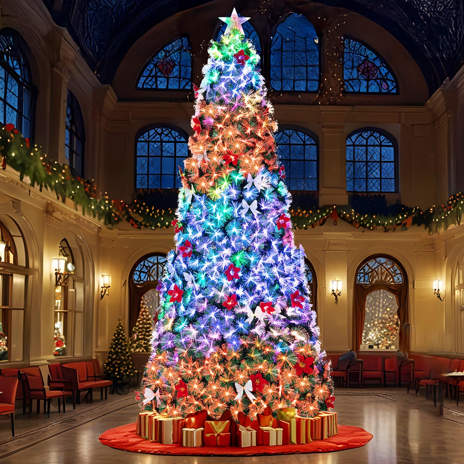 ArlopuPre-Lit Christmas Tree, Fiber Optic Artificial Xmas Tree, PVC Pine Tree with LED Top Star, Flowers & Bow, Foldable Metal Stand, for Indoor Party Holiday Decoration