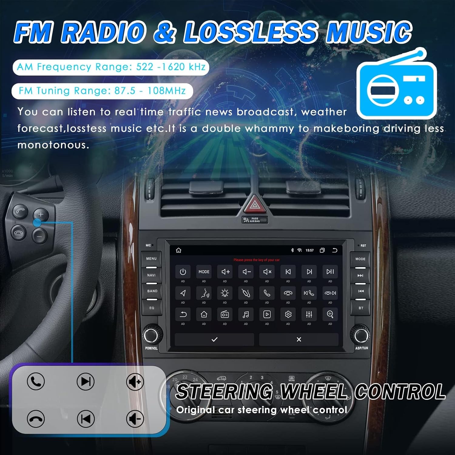 Car stereo display showing FM radio interface with frequency range and a music player interface. Also shows a steering wheel with control buttons.