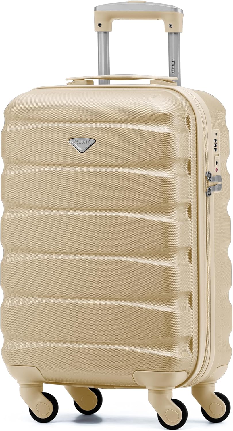 Flight Knight Valigia rigida leggera in ABS a 4 ruote – Bagaglio a mano approvato per oltre 100 compagnie aeree come British Airways, Easyjet, Jet2 e Wizz 55 x 35 x 20 cm – Lucchetto TSA, champagne, custodia
