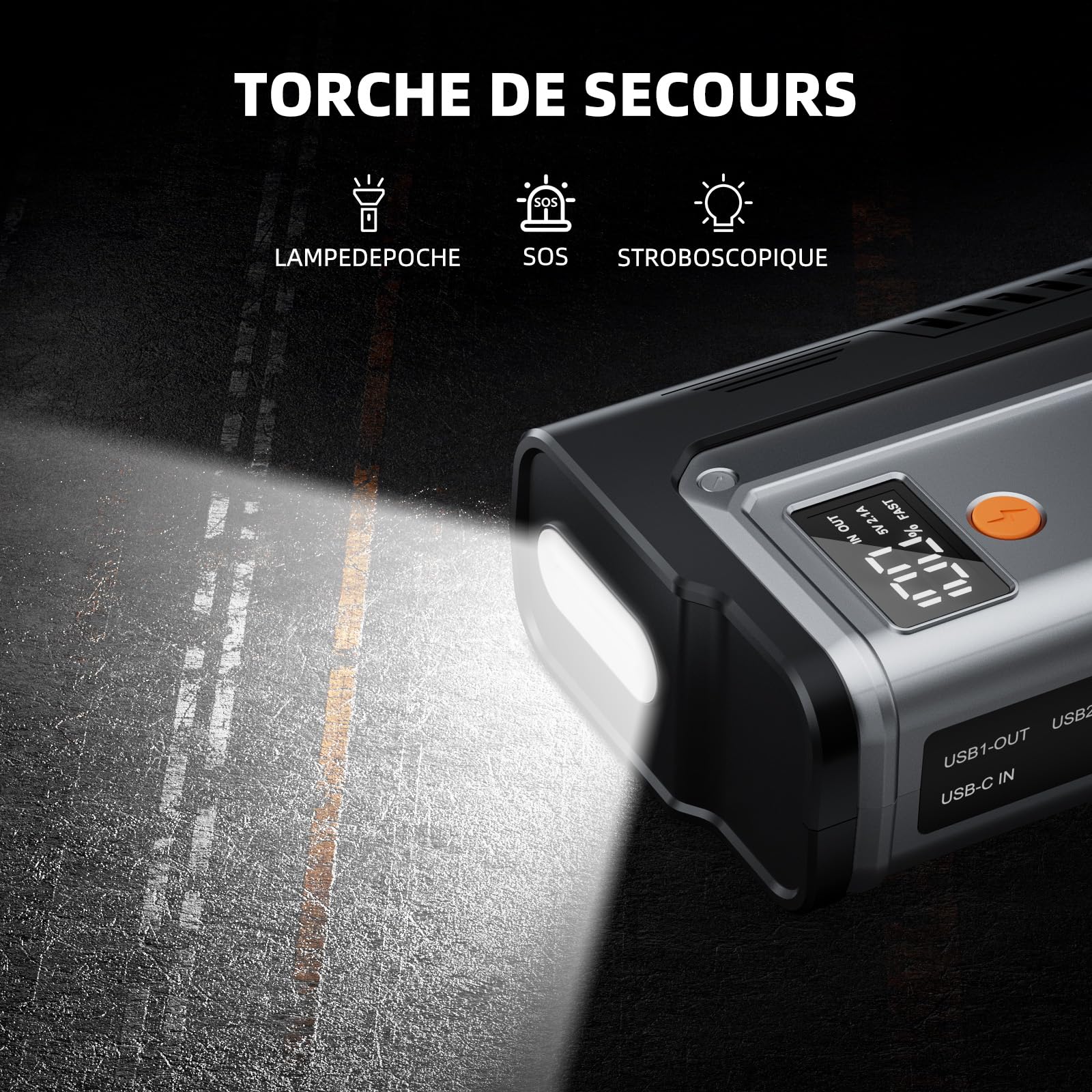 Booster Batterie Voiture 6000A, 12V Démarreur de Voiture pour Moteurs (jusqu'à All Gaz & 10,0L Diesel), Booster Batterie Moto Portable Jump Starter avec Lampe de Poche à LED, Rapide Charge USB