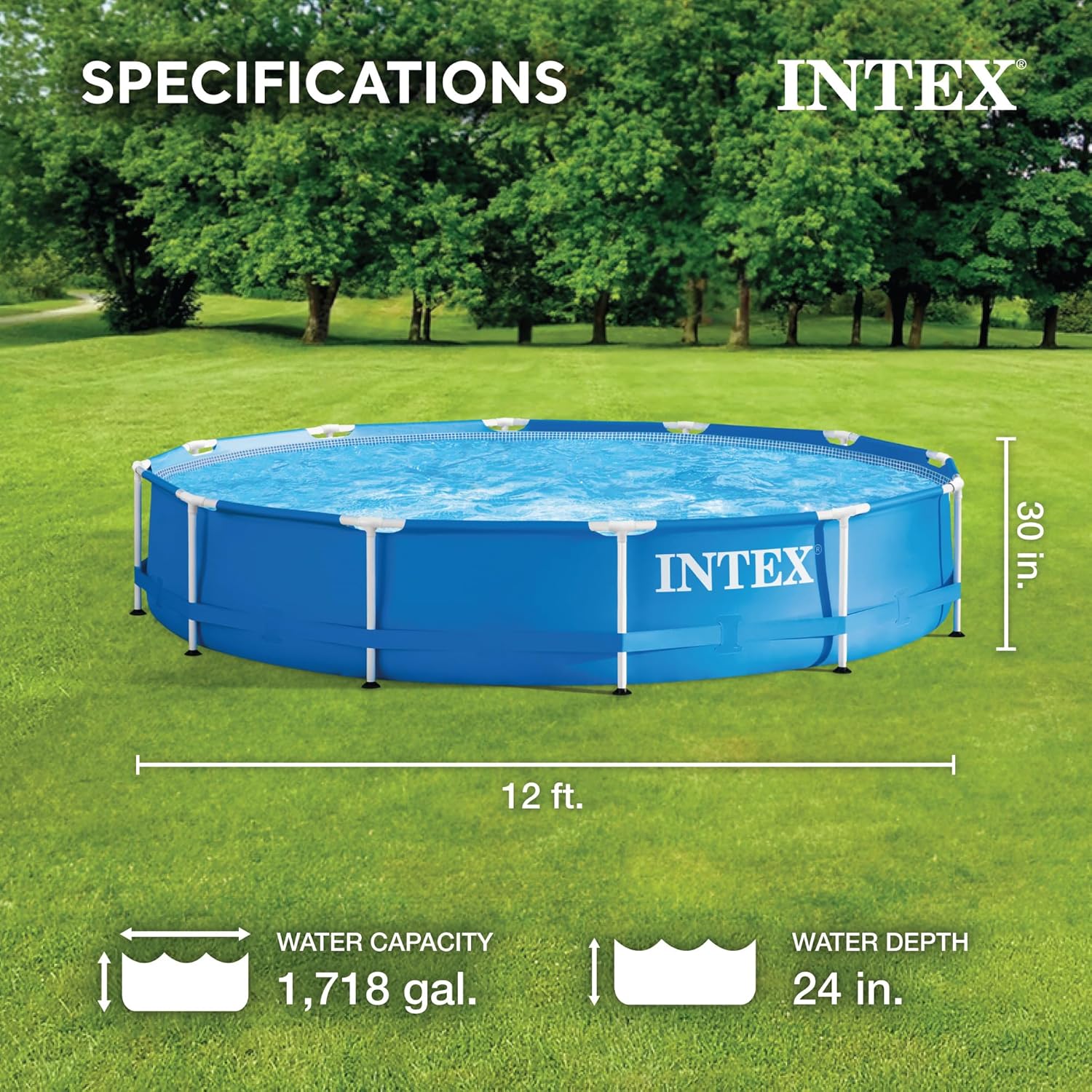 INTEX 12 x 2.5 Foot Metal Frame Above Ground Swimming Pool, Type A Filter, Protective Cover, and Complete Maintenance Kit with Vacuum Skimmer and Pole