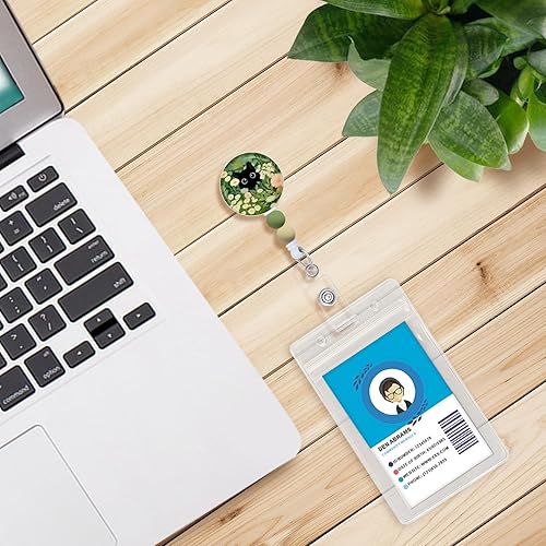 Miniatura 4 de Carretes de insignia de gato negro con flores retráctiles con cuentas de silicona, clips de identificación de alta resistencia, llavero para